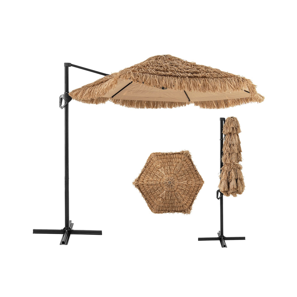 9.5 FT Cantilever Tiki Patio Umbrella Hawaiian Style Offset Hanging Umbrella-Natural-Outdoor Umbrellas-DECOROLALA