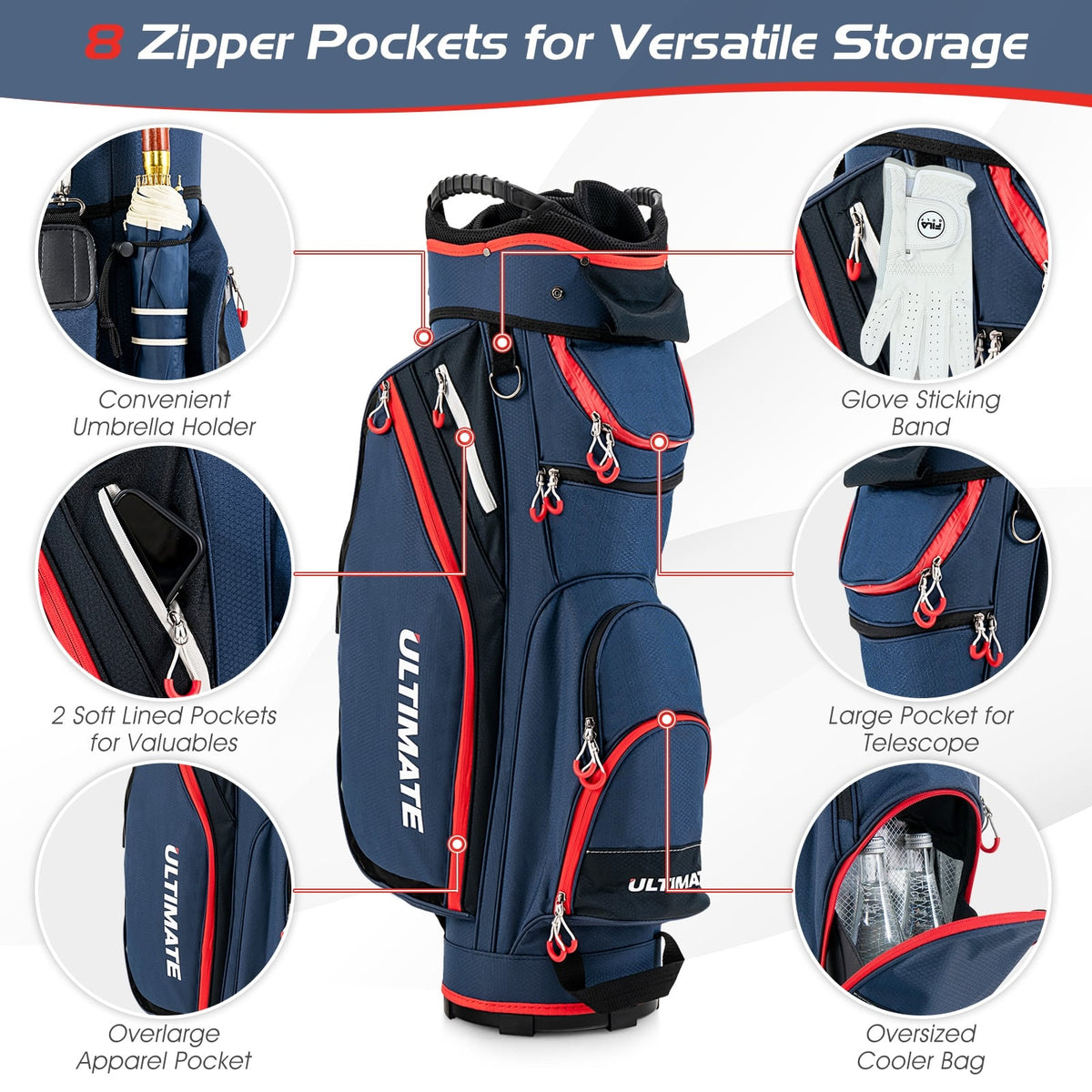 9.5 Inch Golf Cart Bag with 14 Way Dividers Top Organizer-Navy-Golf-DECOROLALA