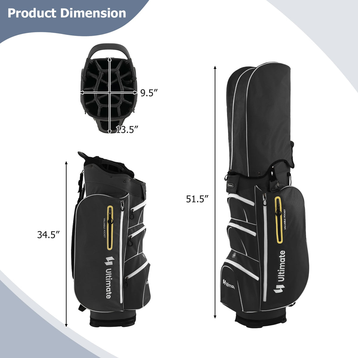 9.5 Inch Lightweight Golf Cart Bag with 15 Way Top Dividers-Black-Golf-DECOROLALA