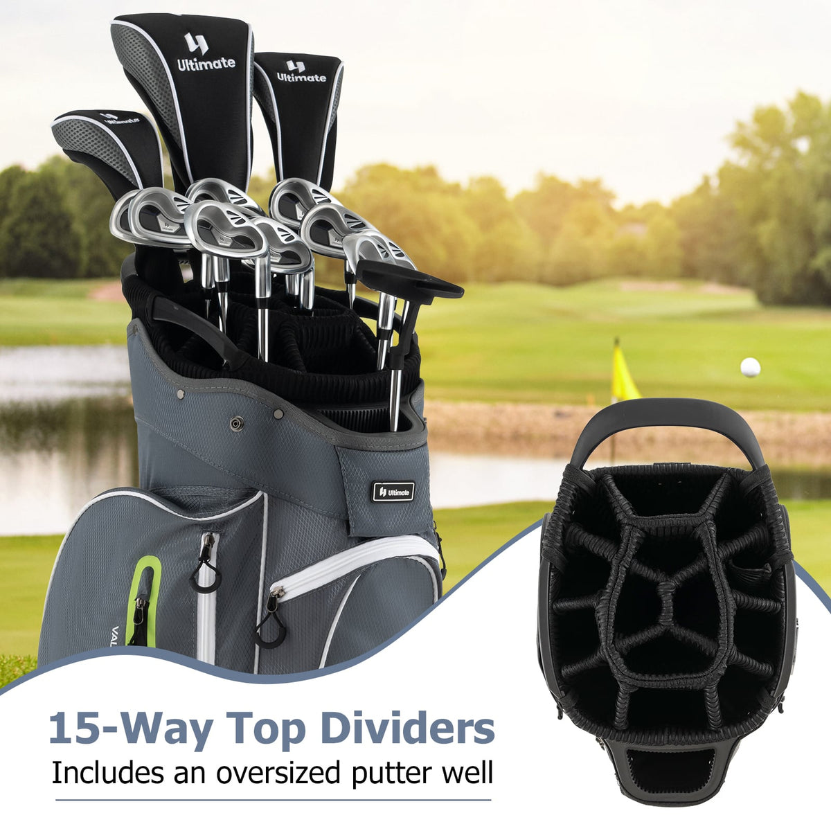 9.5 Inch Lightweight Golf Cart Bag with 15 Way Top Dividers-Green-Golf-DECOROLALA