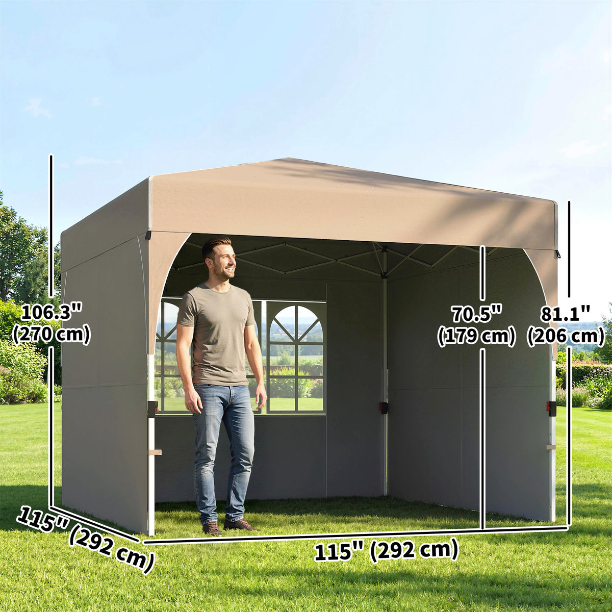 9.6 x 9.6 ft Pop Up Canopy Tent with 3 Sidewalls - Khaki-Pop-Up Canopies-DECOROLALA