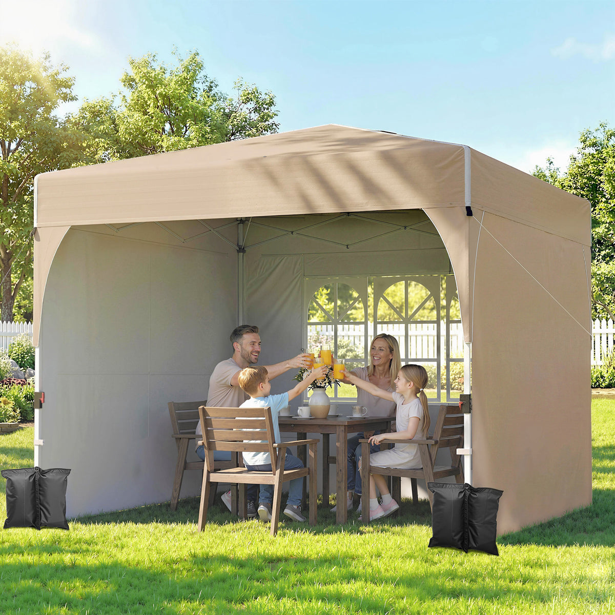 9.6 x 9.6 ft Pop Up Canopy Tent with 3 Sidewalls - Khaki-Pop-Up Canopies-DECOROLALA