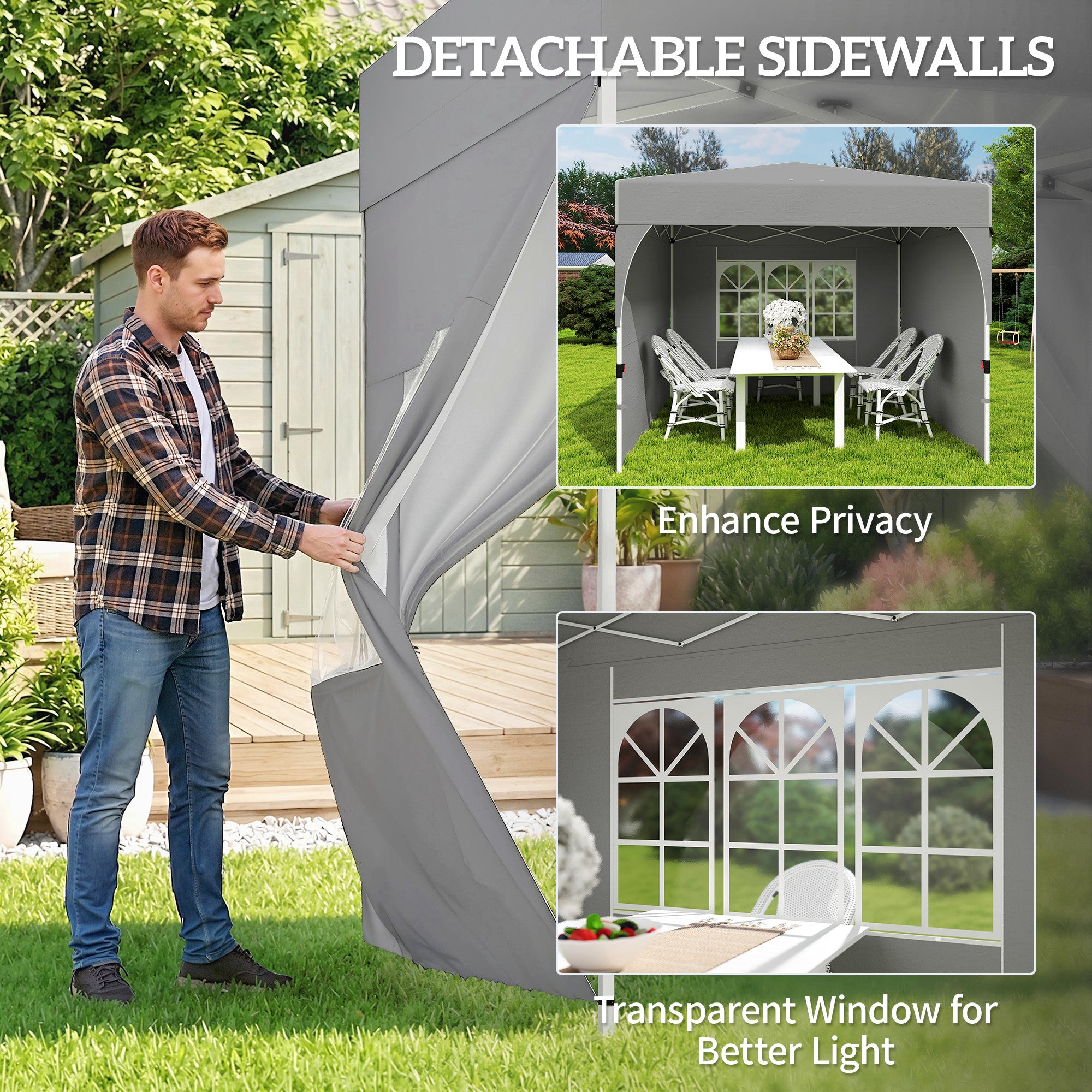 9.6 x 9.6 ft Pop Up Canopy Tent with 3 Sidewalls - Light Grey-DECOROLALA