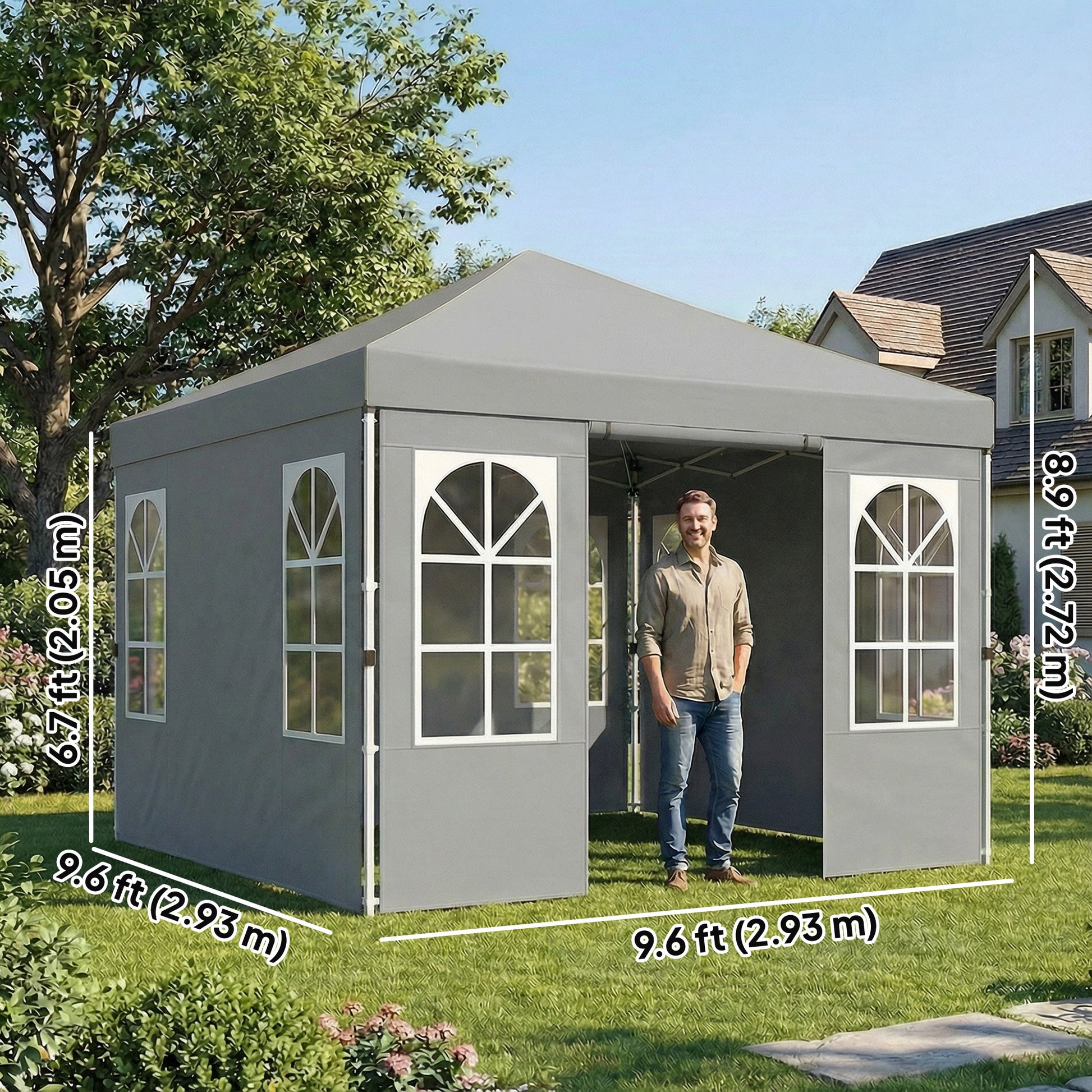 9.6 x 9.6 ft Pop Up Canopy Tent with 4 Sidewalls - Light Grey-DECOROLALA