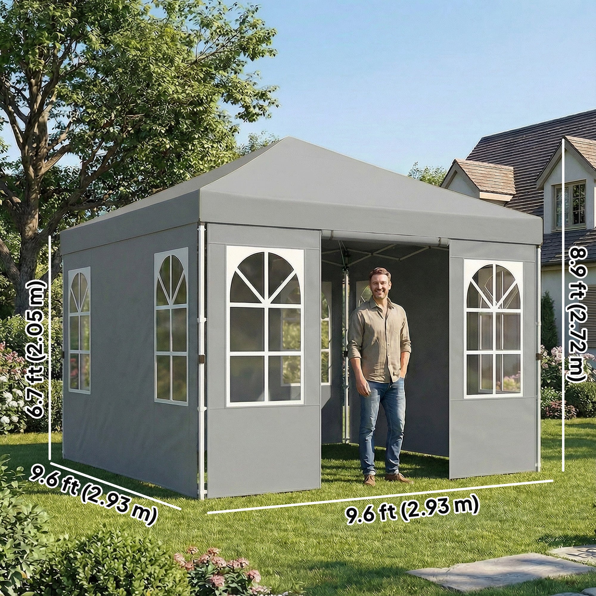9.6 x 9.6 ft Pop Up Canopy Tent with 4 Sidewalls - Light Grey-DECOROLALA