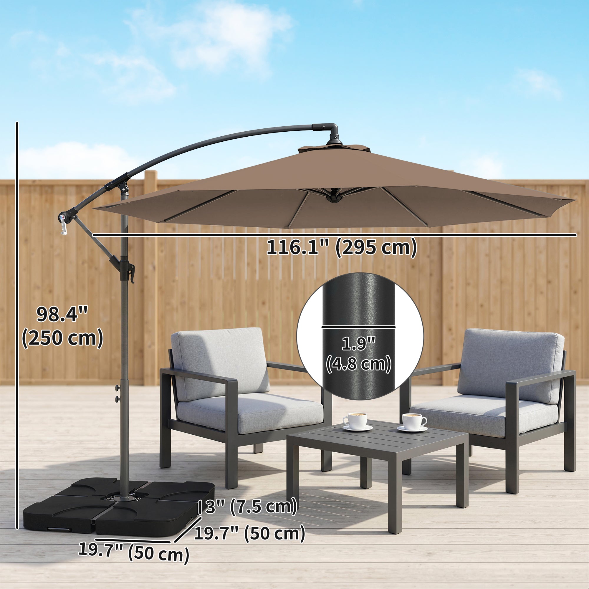 9.6ft Patio Umbrella, Hanging Cantilever Parasol with Crank, UV Resistant, Coffee-DECOROLALA