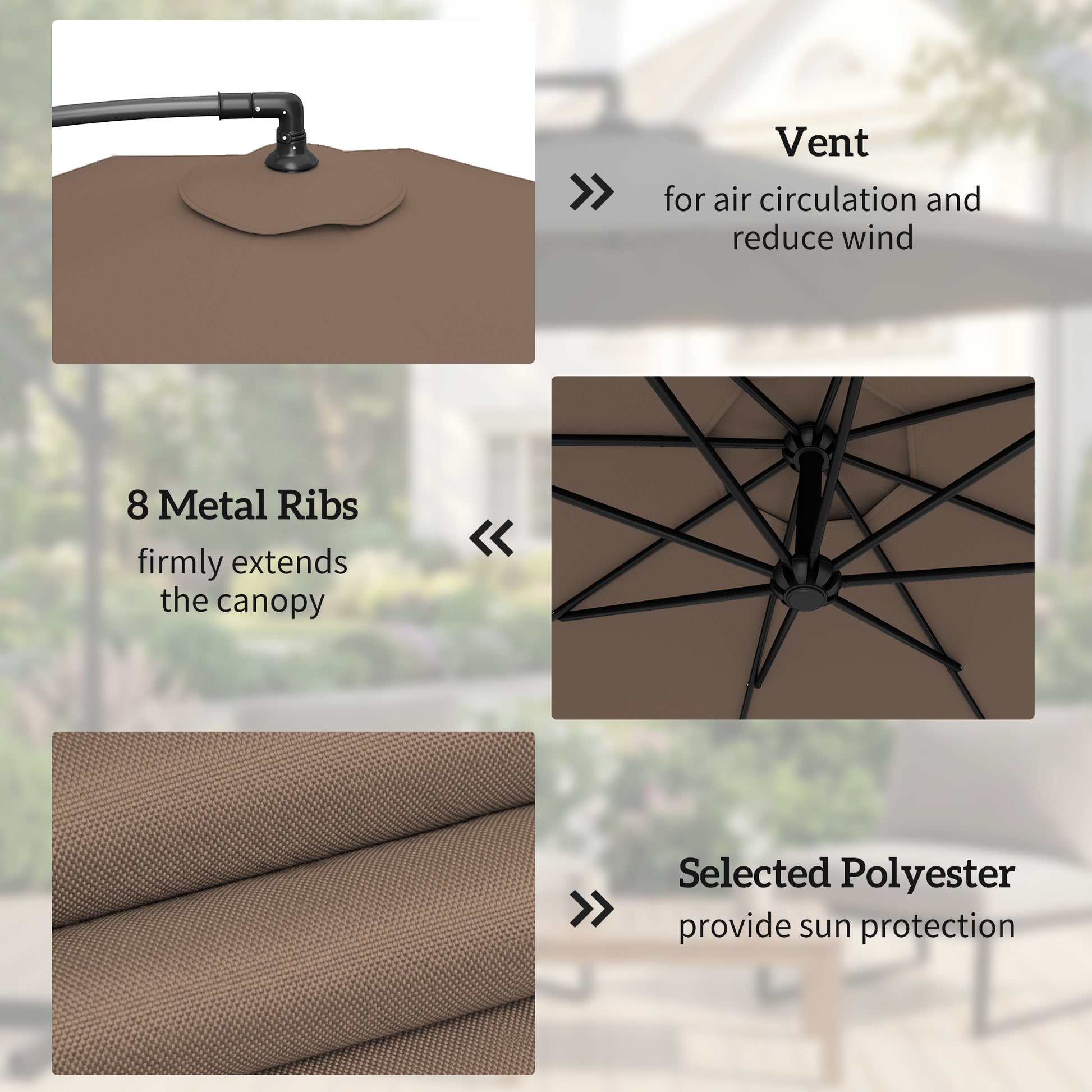 9.6ft Patio Umbrella, Hanging Cantilever Parasol with Crank, UV Resistant, Coffee-DECOROLALA