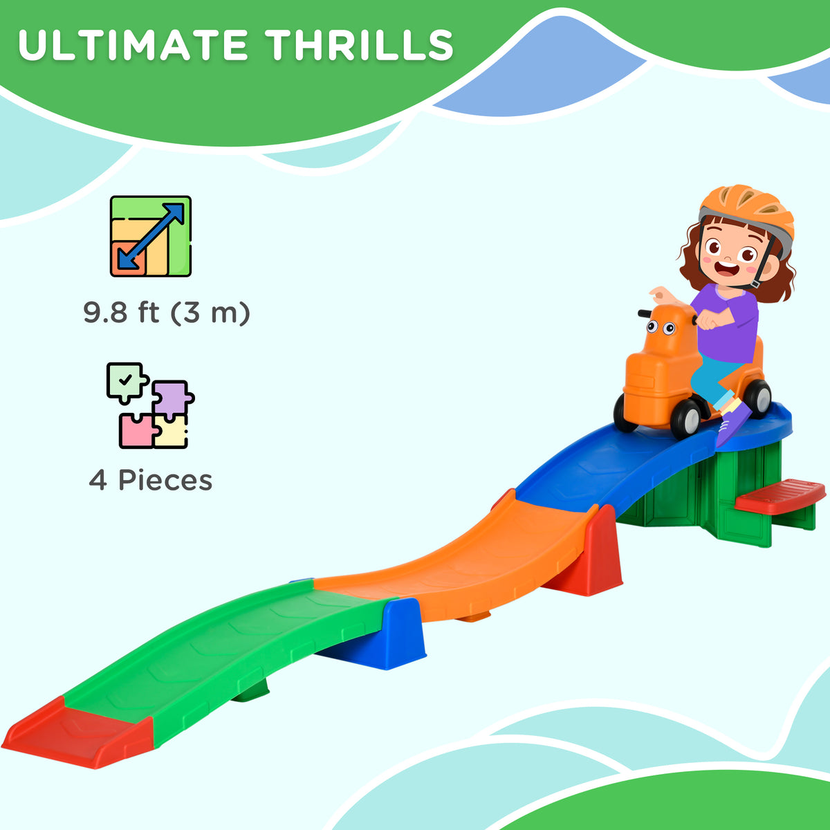9.8 ft Up and Down Roller Coaster for Kids, Thrill 4 Pieces Toddler Roller Coaster Ride on Toy with Side Steps, Sliding Car with Handles, for 2-5 Years Old-Toys & Games > Baby & Toddler Toys > Riding & Rocking Toys > Push Cars for Toddlers-DECOROLALA