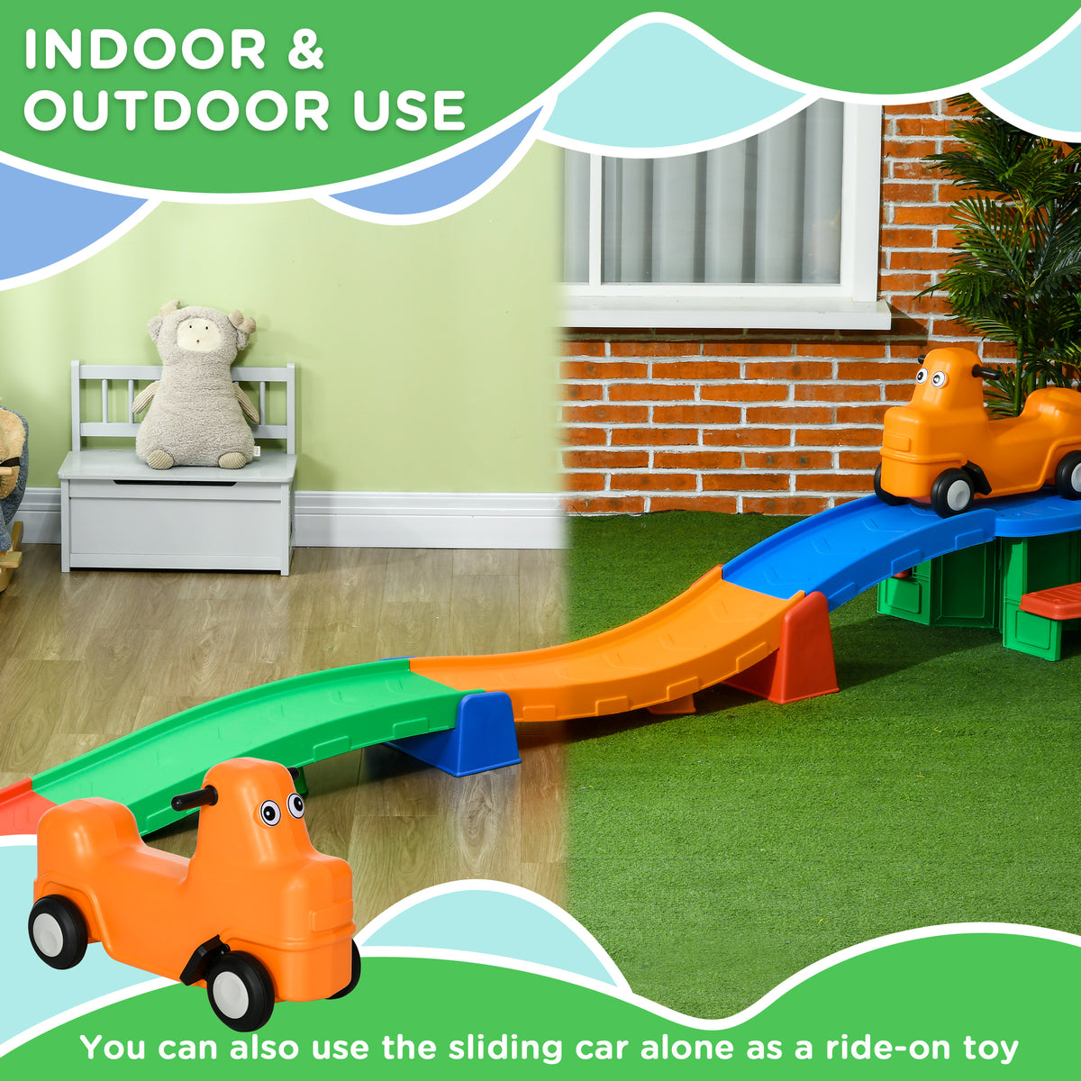 9.8 ft Up and Down Roller Coaster for Kids, Thrill 4 Pieces Toddler Roller Coaster Ride on Toy with Side Steps, Sliding Car with Handles, for 2-5 Years Old-Toys & Games > Baby & Toddler Toys > Riding & Rocking Toys > Push Cars for Toddlers-DECOROLALA