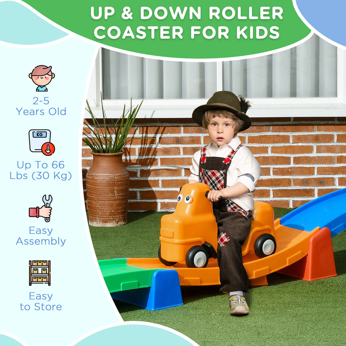 9.8 ft Up and Down Roller Coaster for Kids, Thrill 4 Pieces Toddler Roller Coaster Ride on Toy with Side Steps, Sliding Car with Handles, for 2-5 Years Old-Toys & Games > Baby & Toddler Toys > Riding & Rocking Toys > Push Cars for Toddlers-DECOROLALA