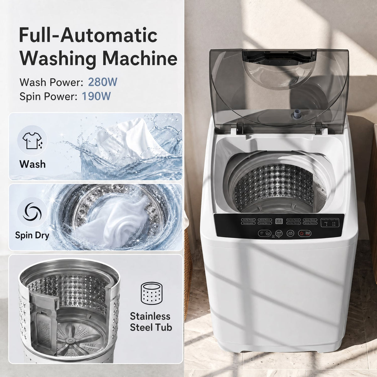 9.93 lbs Full Automatic Washing Machine with 8 Preset Programs-Gray-Washing Machines-DECOROLALA