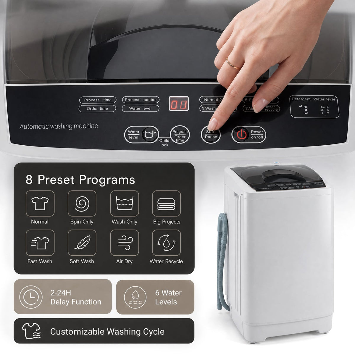 9.93 lbs Full Automatic Washing Machine with 8 Preset Programs-Gray-Washing Machines-DECOROLALA