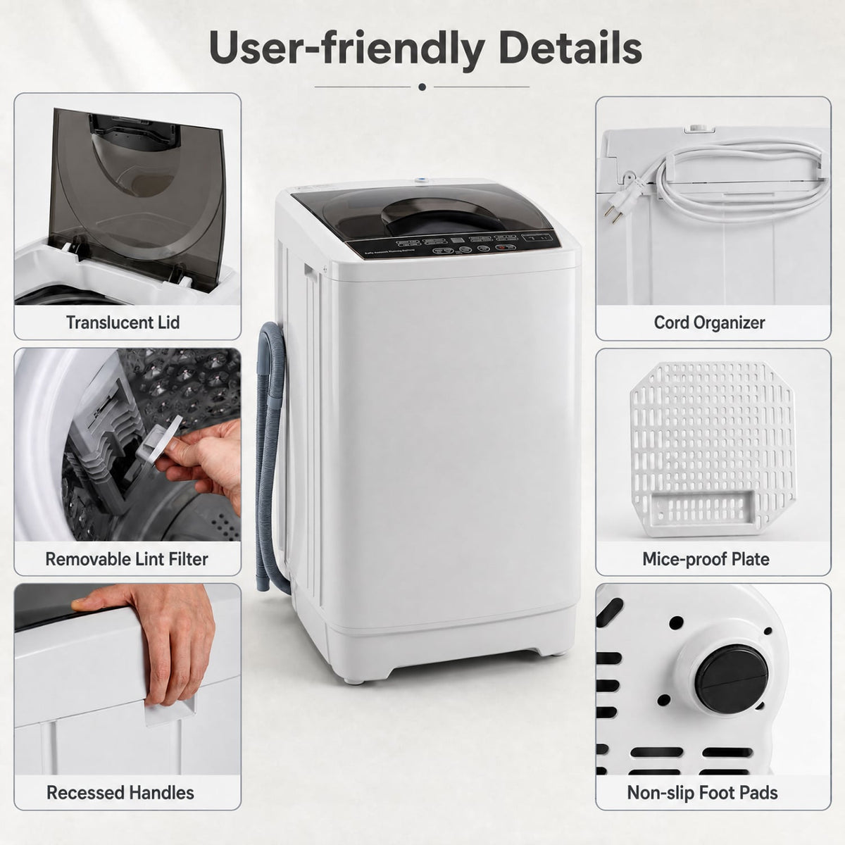 9.93 lbs Full Automatic Washing Machine with 8 Preset Programs-Gray-Washing Machines-DECOROLALA