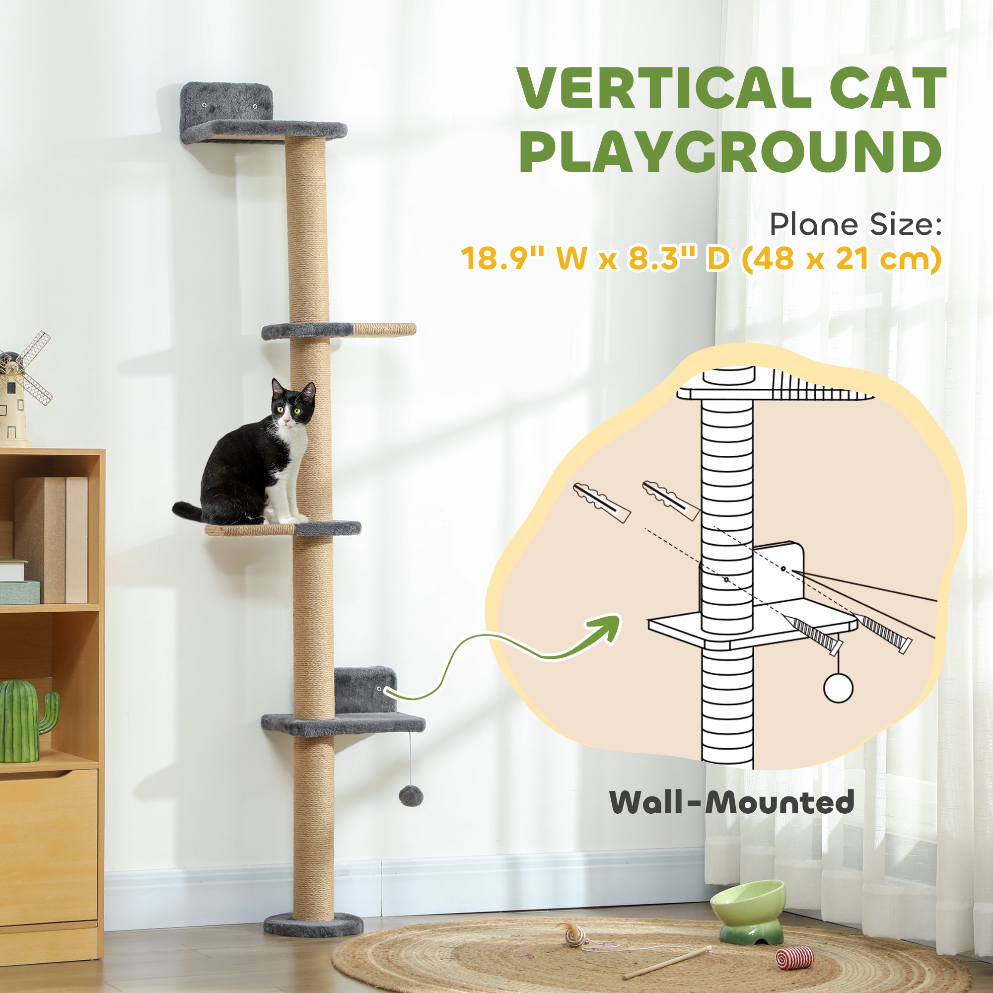 Cat Wall Shelves, Cat Wall Furniture with 4 Platforms, Jute Scratching Post for Indoor Playing, Climbing, Dark Grey