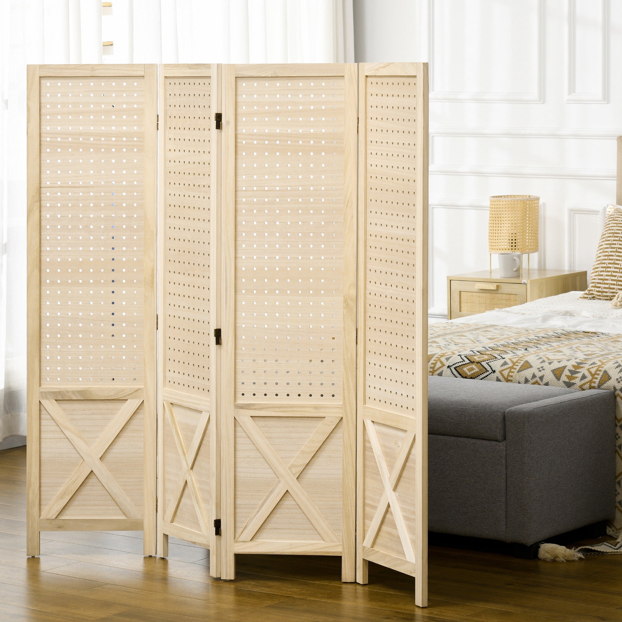 4.7' 4 Panel Wooden Room Divider with Pegboard Display, Folding Privacy Screen for Home Office, Natural