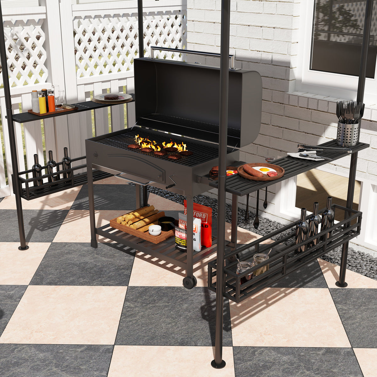 8' x 5' 2-Tier BBQ Gazebo with Shelves - Dark Grey