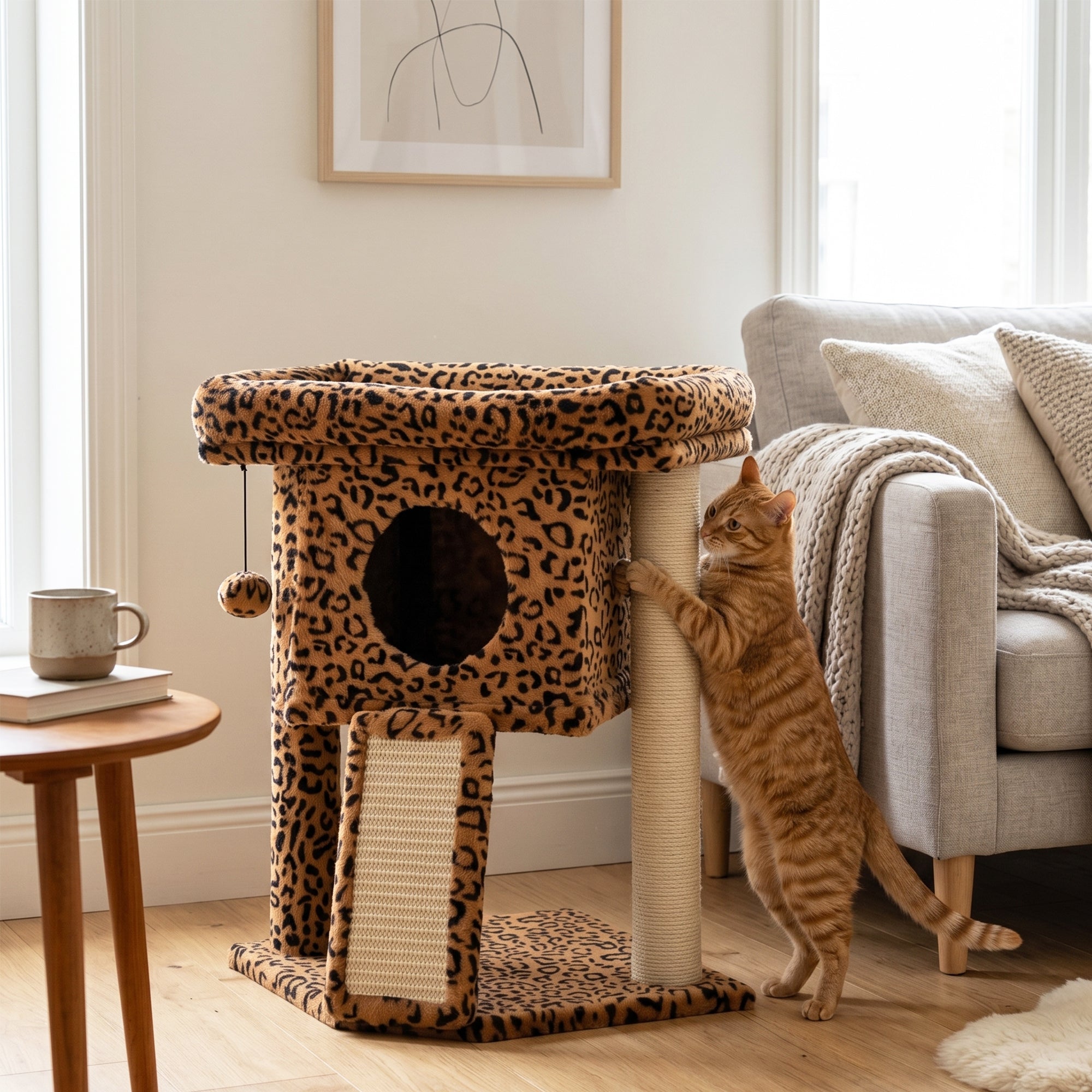 Cat Tree, Small Cat Tower with Perch, Scratching Post, Cat Condo, Toy Ball for Kitty, Leopard Print