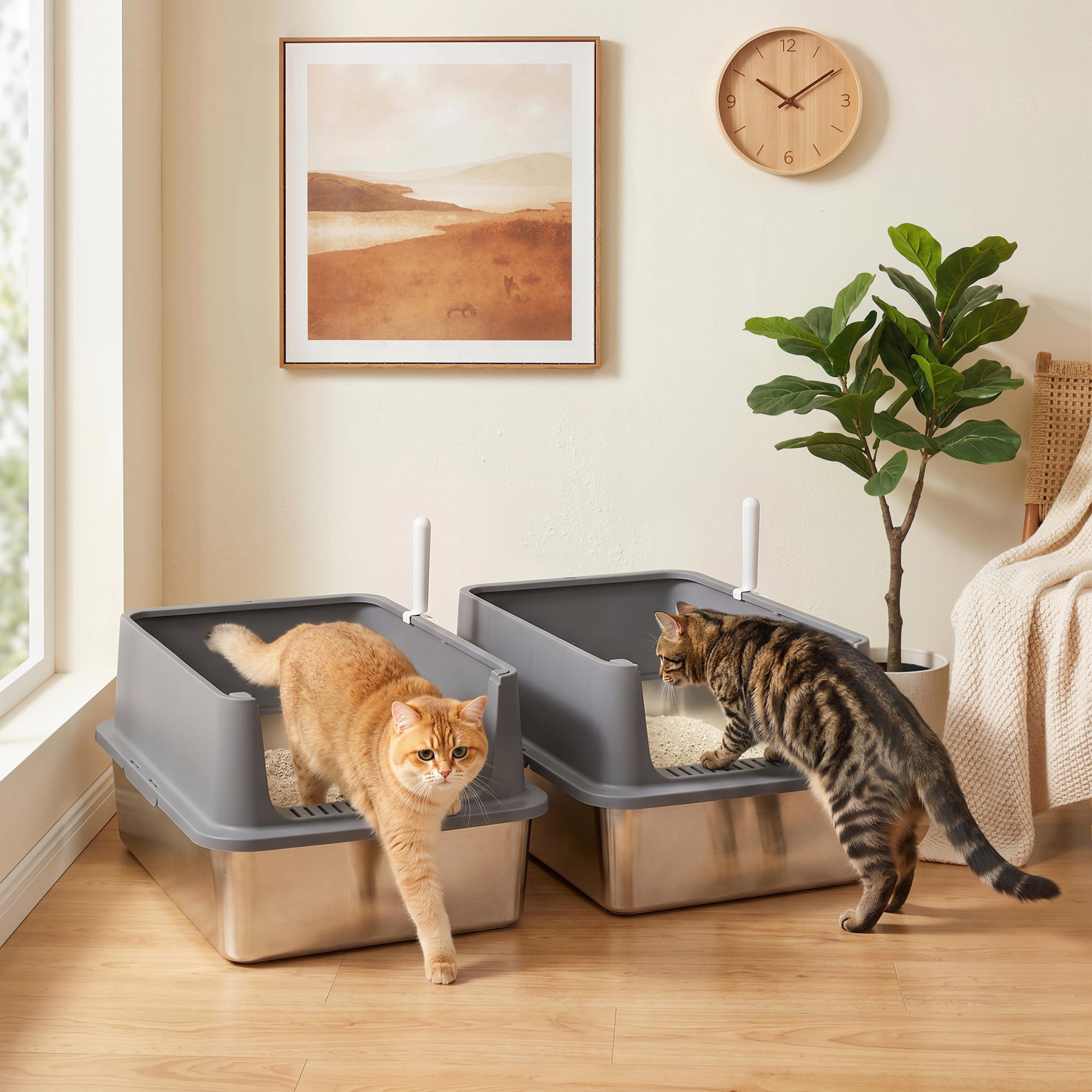 2 Pack XL Stainless Steel Litter Box with Scoops, High Sided, for Big and Multiple Cats, Anti-Urine Leakage