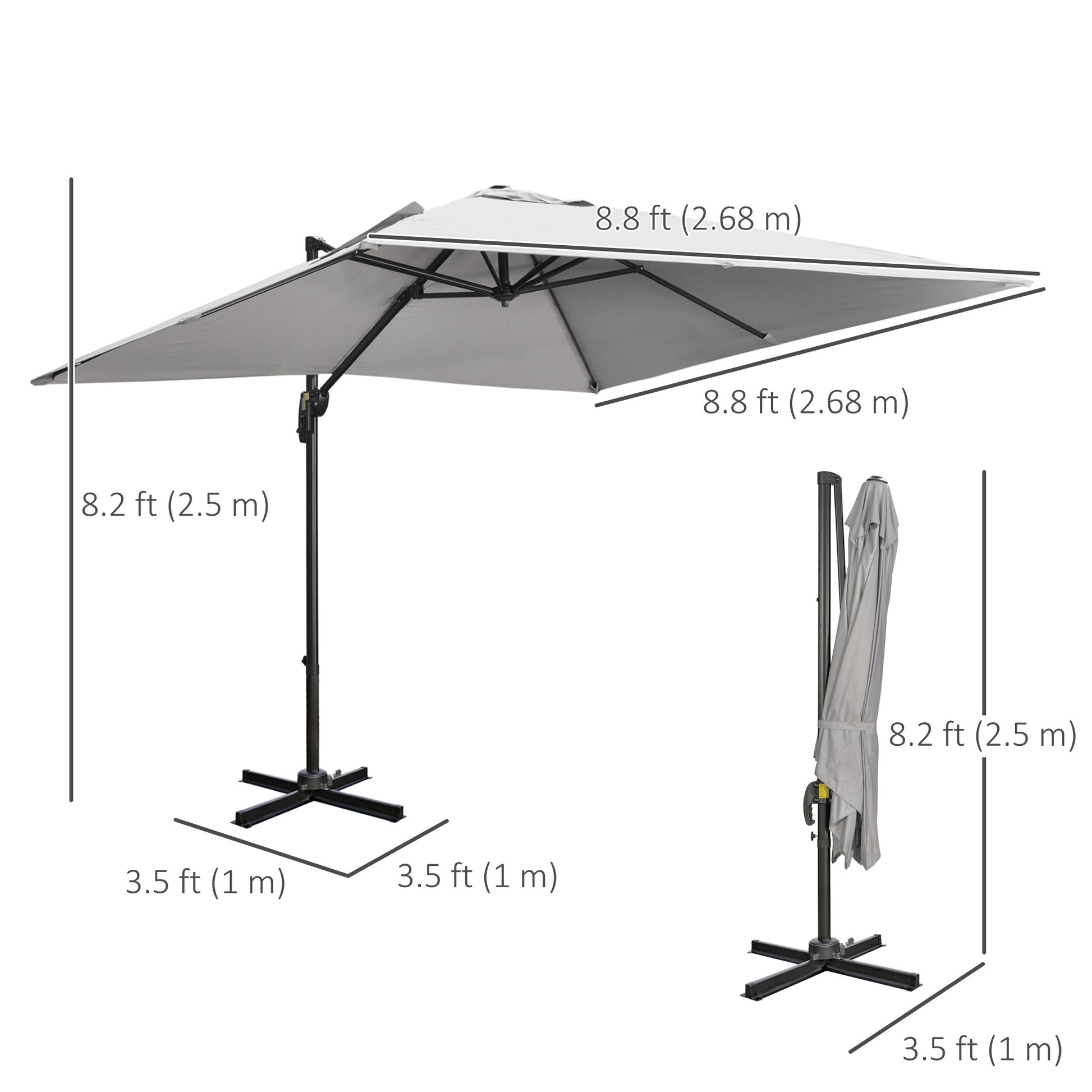 9ft Cantilever Patio Umbrella - Light Grey, Tilt Crank Handle, Cross Base, 360¡ Shade-DECOROLALA