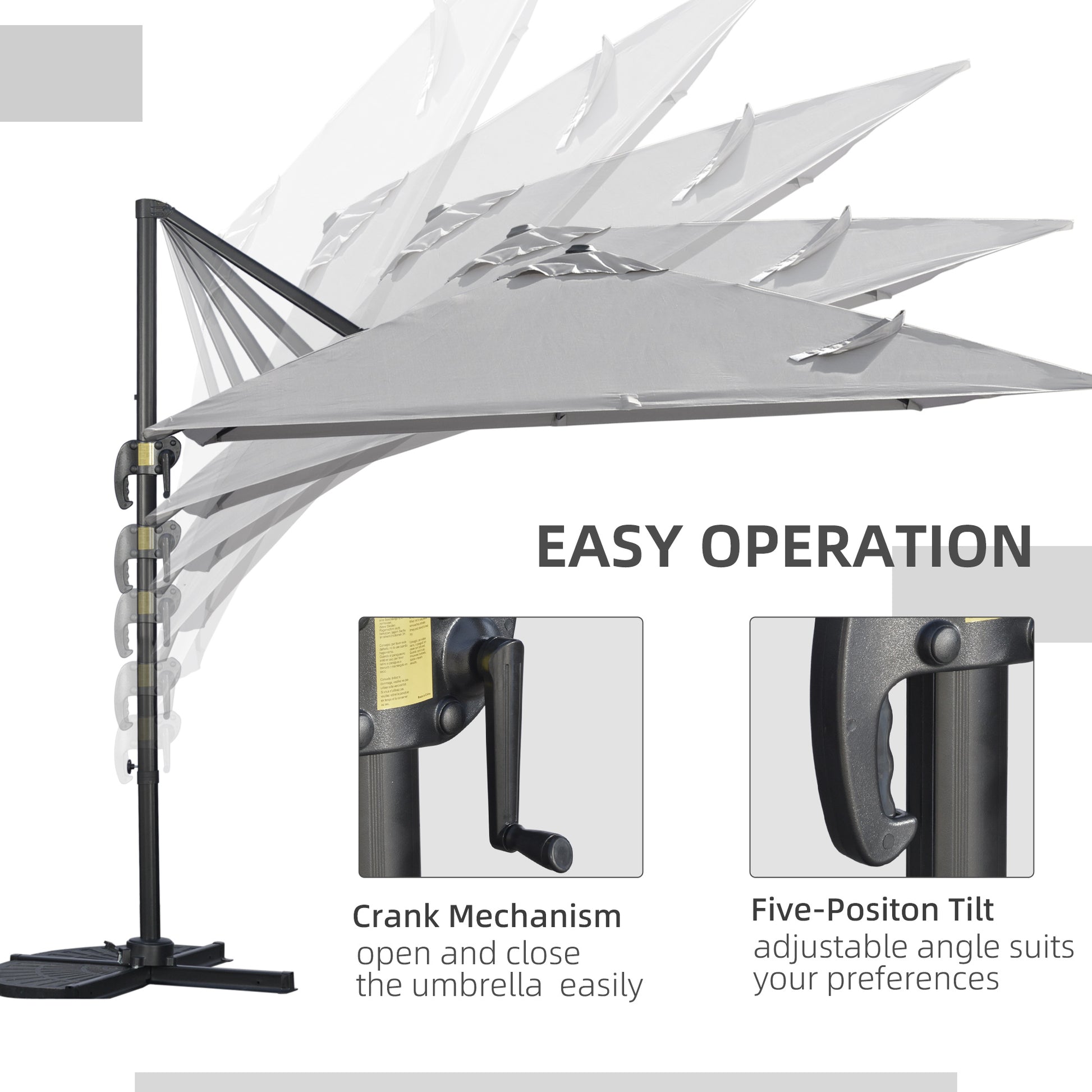 9ft Cantilever Patio Umbrella - Light Grey, Tilt Crank Handle, Cross Base, 360¡ Shade-DECOROLALA