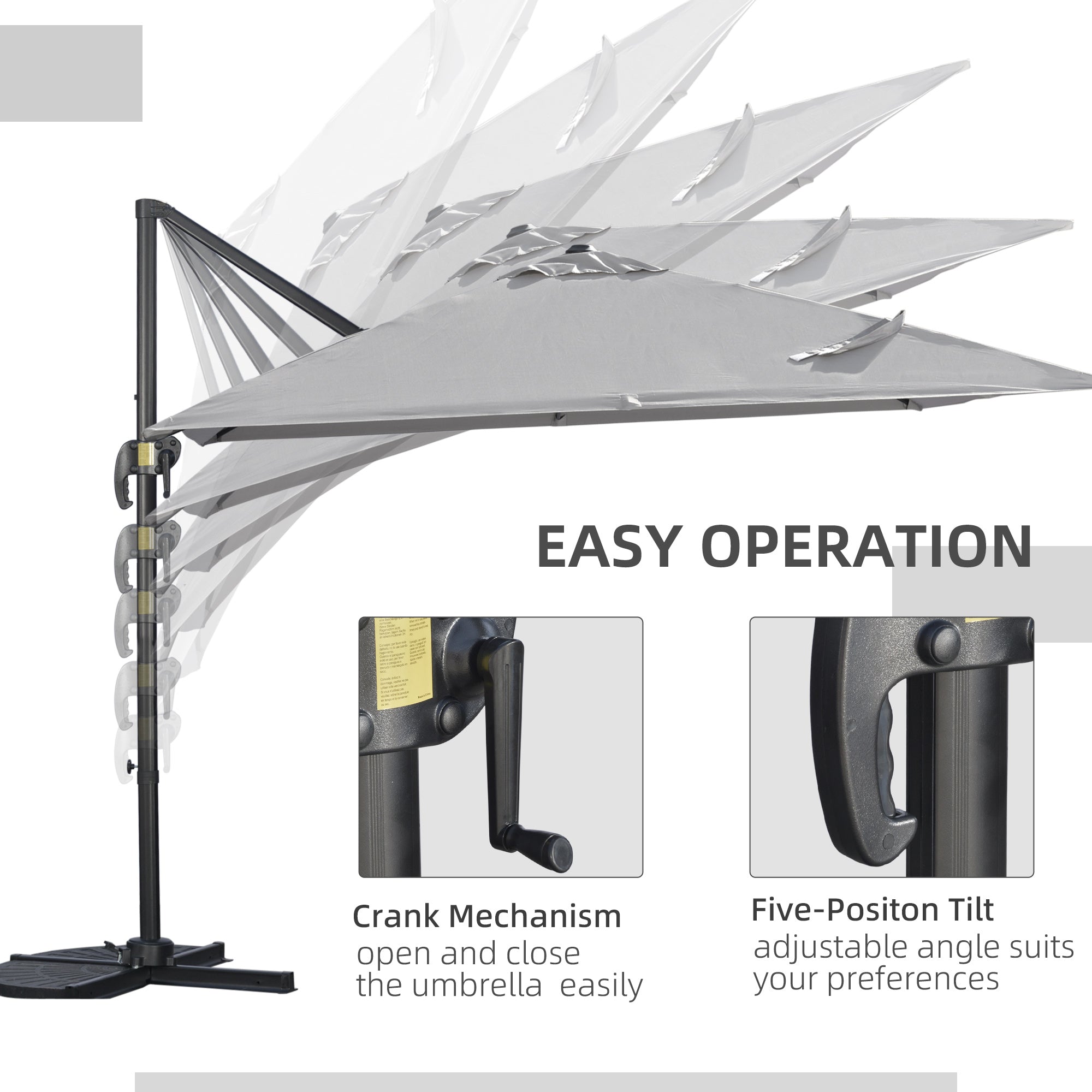 9ft Cantilever Patio Umbrella - Light Grey, Tilt Crank Handle, Cross Base, 360¡ Shade-DECOROLALA