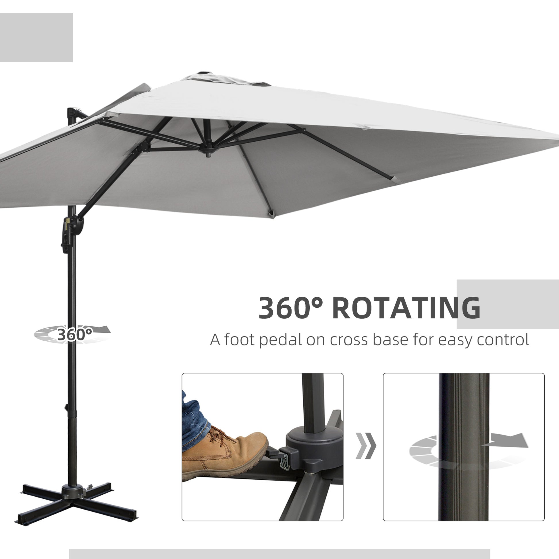 9ft Cantilever Patio Umbrella - Light Grey, Tilt Crank Handle, Cross Base, 360¡ Shade-DECOROLALA