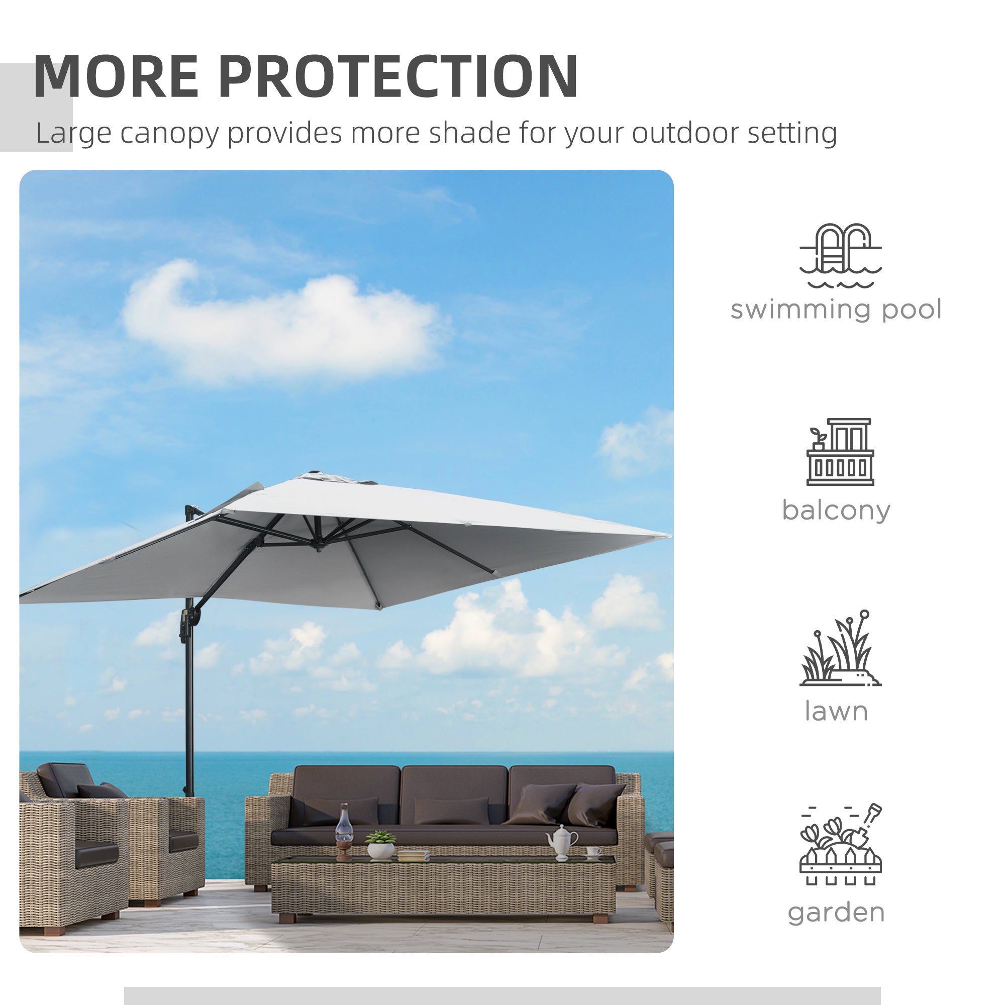 9ft Cantilever Patio Umbrella - Light Grey, Tilt Crank Handle, Cross Base, 360¡ Shade-DECOROLALA