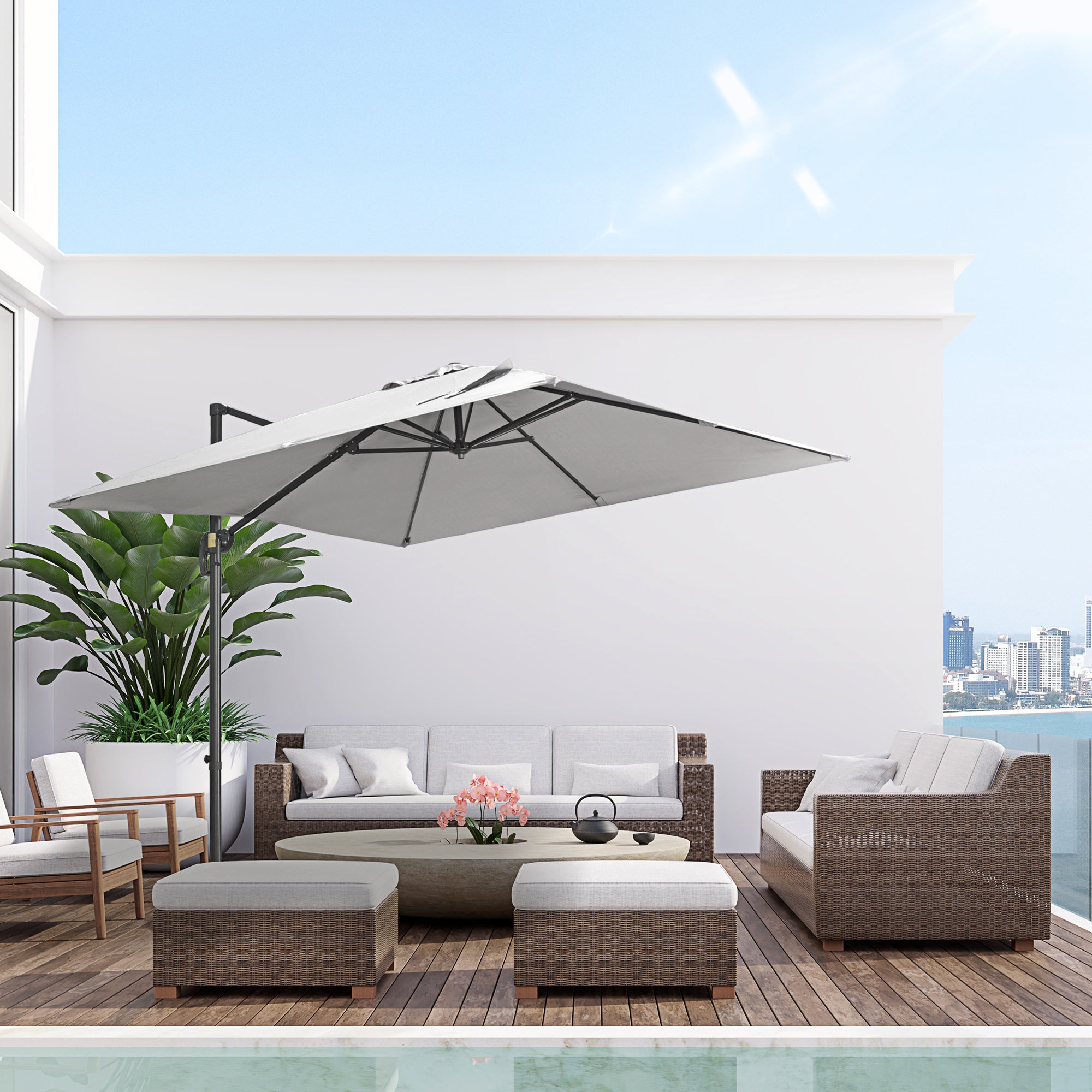 9ft Cantilever Patio Umbrella - Light Grey, Tilt Crank Handle, Cross Base, 360¡ Shade-DECOROLALA