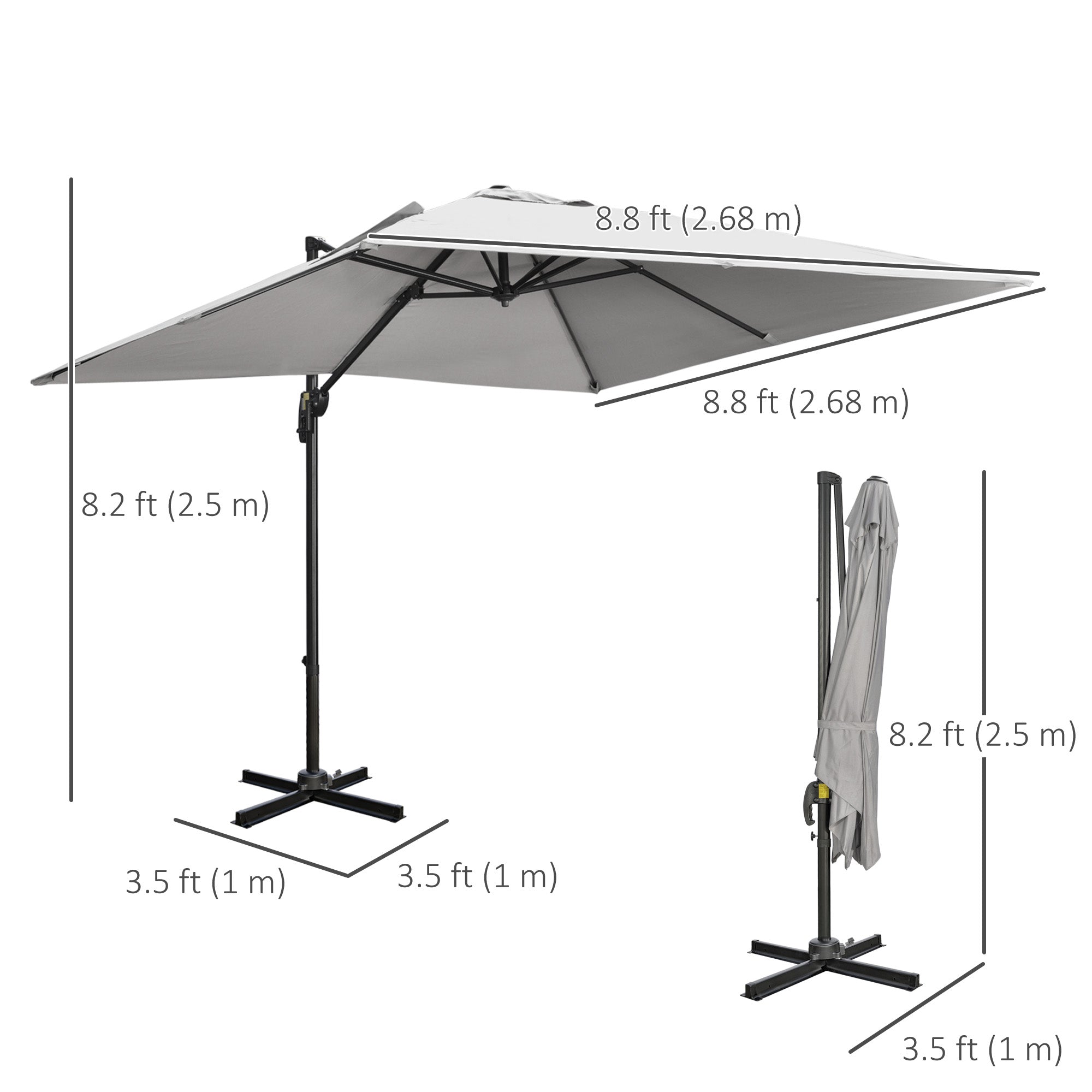 9ft Cantilever Patio Umbrella - Light Grey, Tilt Crank Handle, Cross Base, 360° Shade-DECOROLALA