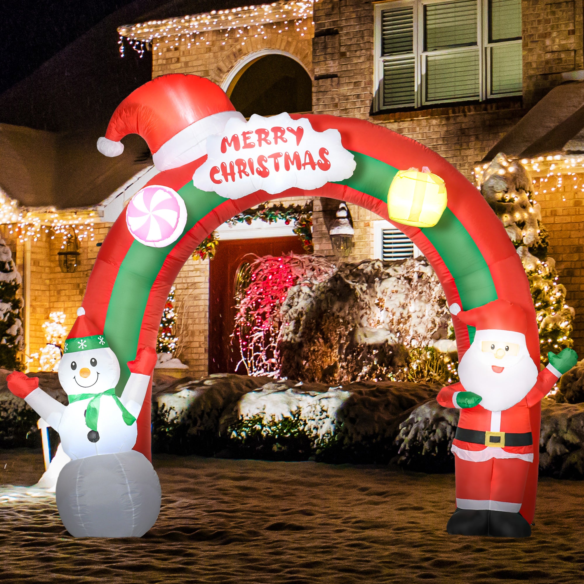 9ft Christmas Inflatable Archway with Santa Claus and Snowman for Outdoor, Blow Up Decoration with LED Lights-Home Furnishings > Holiday & Seasonal > Christmas Decorations > Christmas Inflatables-DECOROLALA