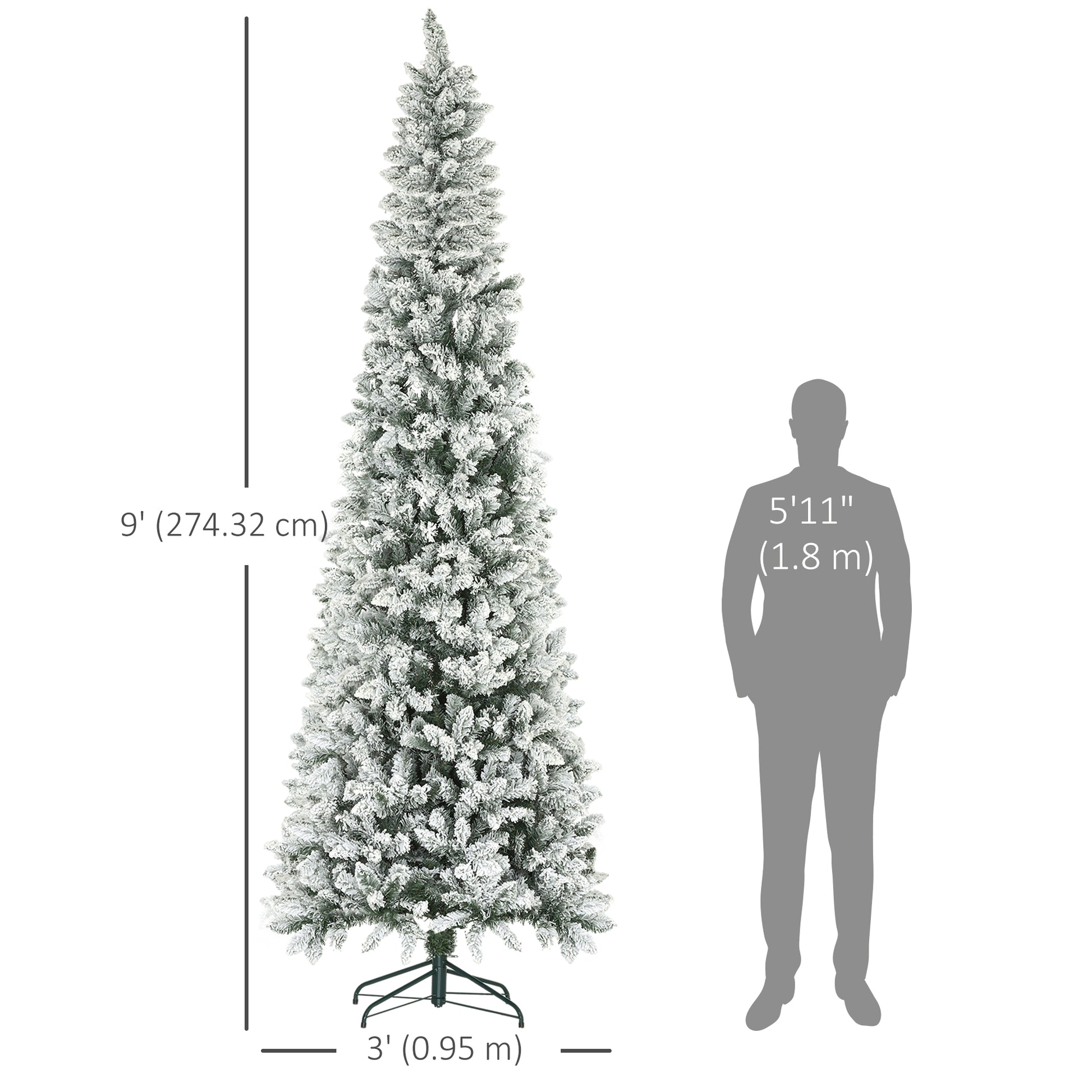 9ft Flocked Pencil Christmas Tree - 1277 Tips Green-Home Furnishings > Holiday & Seasonal > Christmas Trees > Pencil Christmas Trees-DECOROLALA