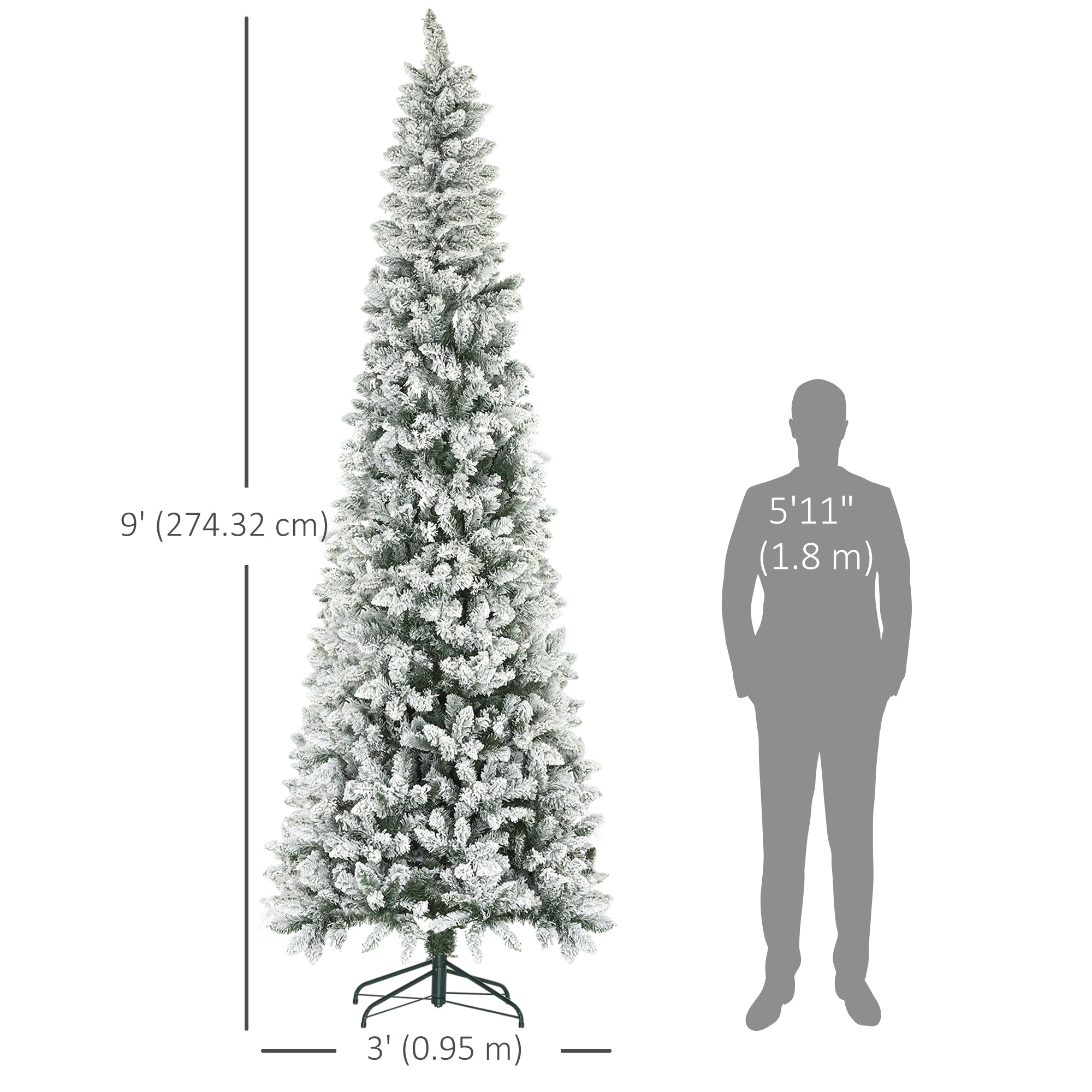 9ft Flocked Pencil Christmas Tree - 1277 Tips Green-Home Furnishings > Holiday & Seasonal > Christmas Trees > Pencil Christmas Trees-DECOROLALA