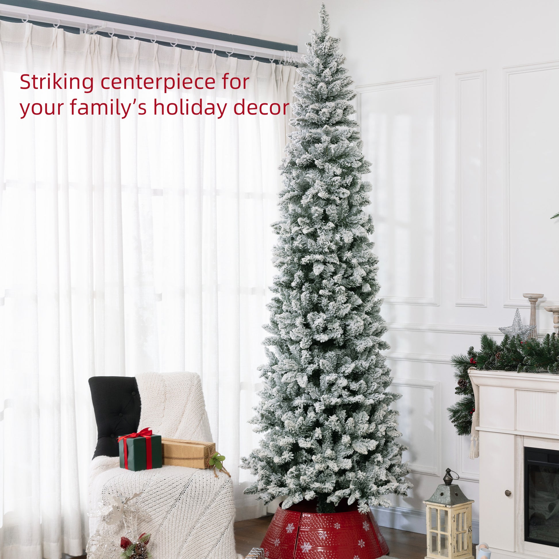 9ft Flocked Pencil Christmas Tree - 1277 Tips Green-Home Furnishings > Holiday & Seasonal > Christmas Trees > Pencil Christmas Trees-DECOROLALA