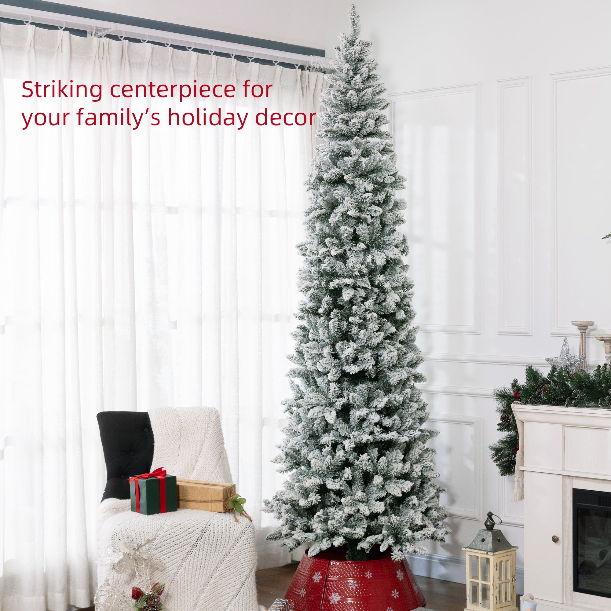 9ft Flocked Pencil Christmas Tree - 1277 Tips Green-Home Furnishings > Holiday & Seasonal > Christmas Trees > Pencil Christmas Trees-DECOROLALA