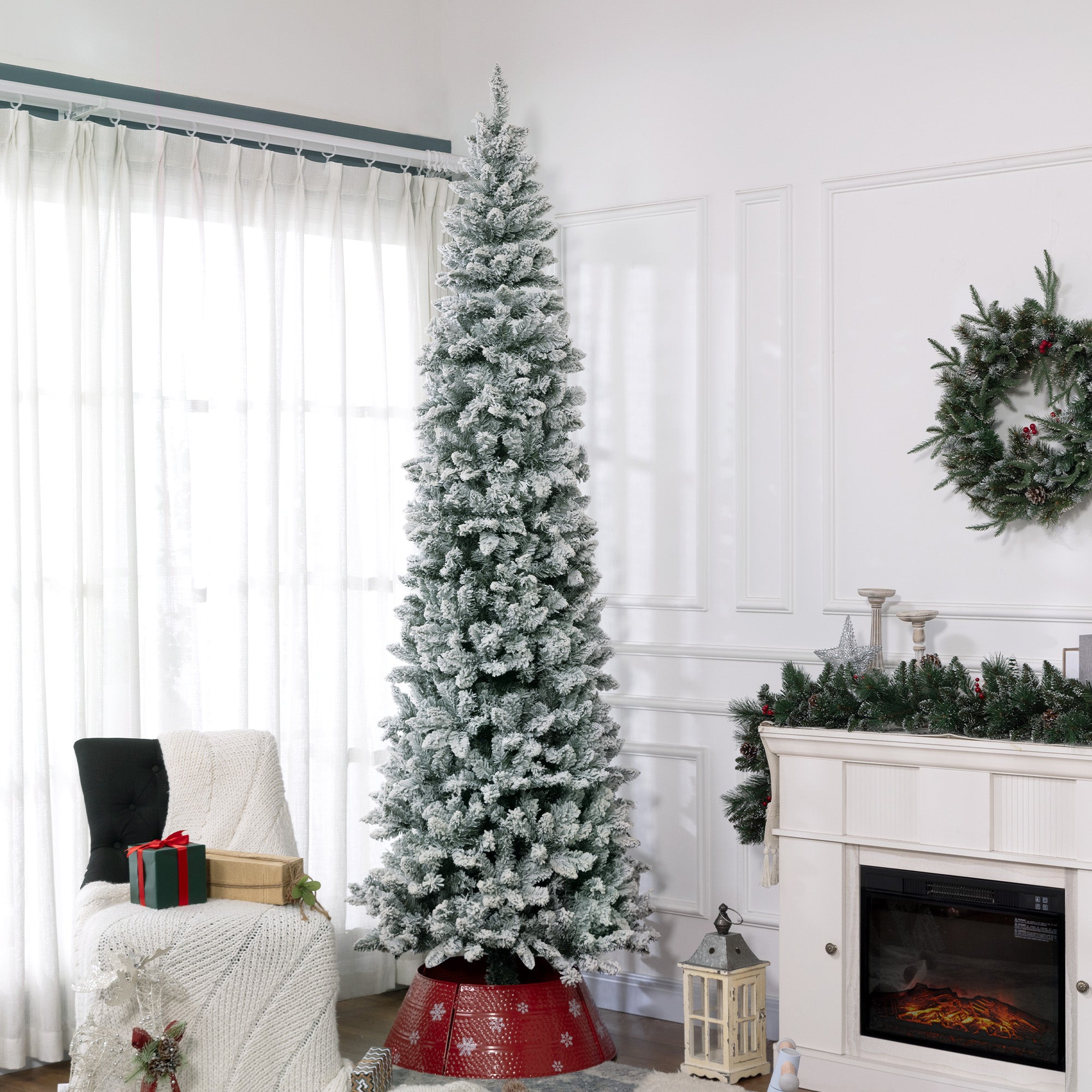 9ft Flocked Pencil Christmas Tree - 1277 Tips Green-Home Furnishings > Holiday & Seasonal > Christmas Trees > Pencil Christmas Trees-DECOROLALA