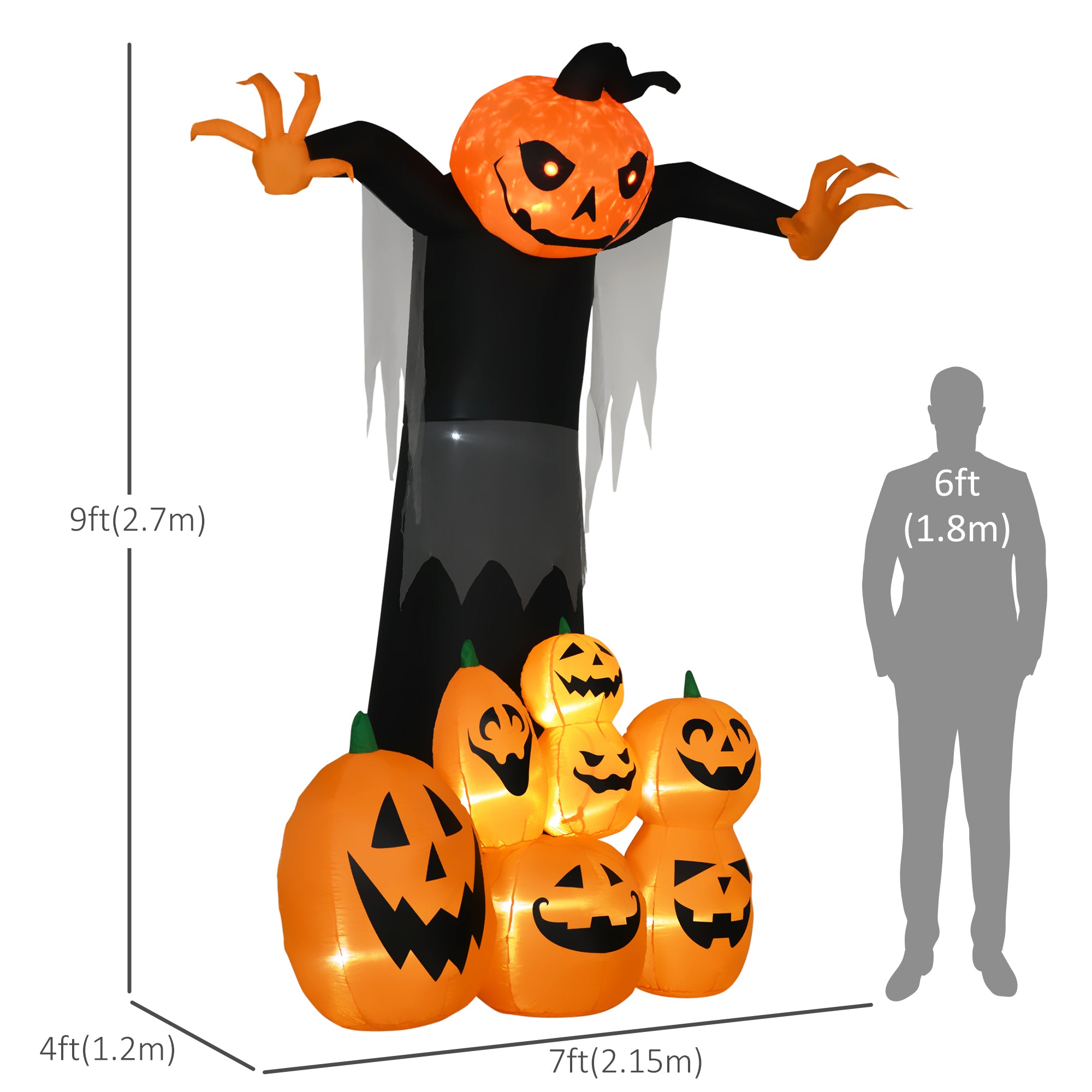 9ft Inflatable Halloween Decoration Pumpkin Ghost with Pumpkins, Blow-Up Outdoor LED Display for Lawn, Garden, Party-Home Furnishings > Holiday & Seasonal > Halloween Decorations-DECOROLALA