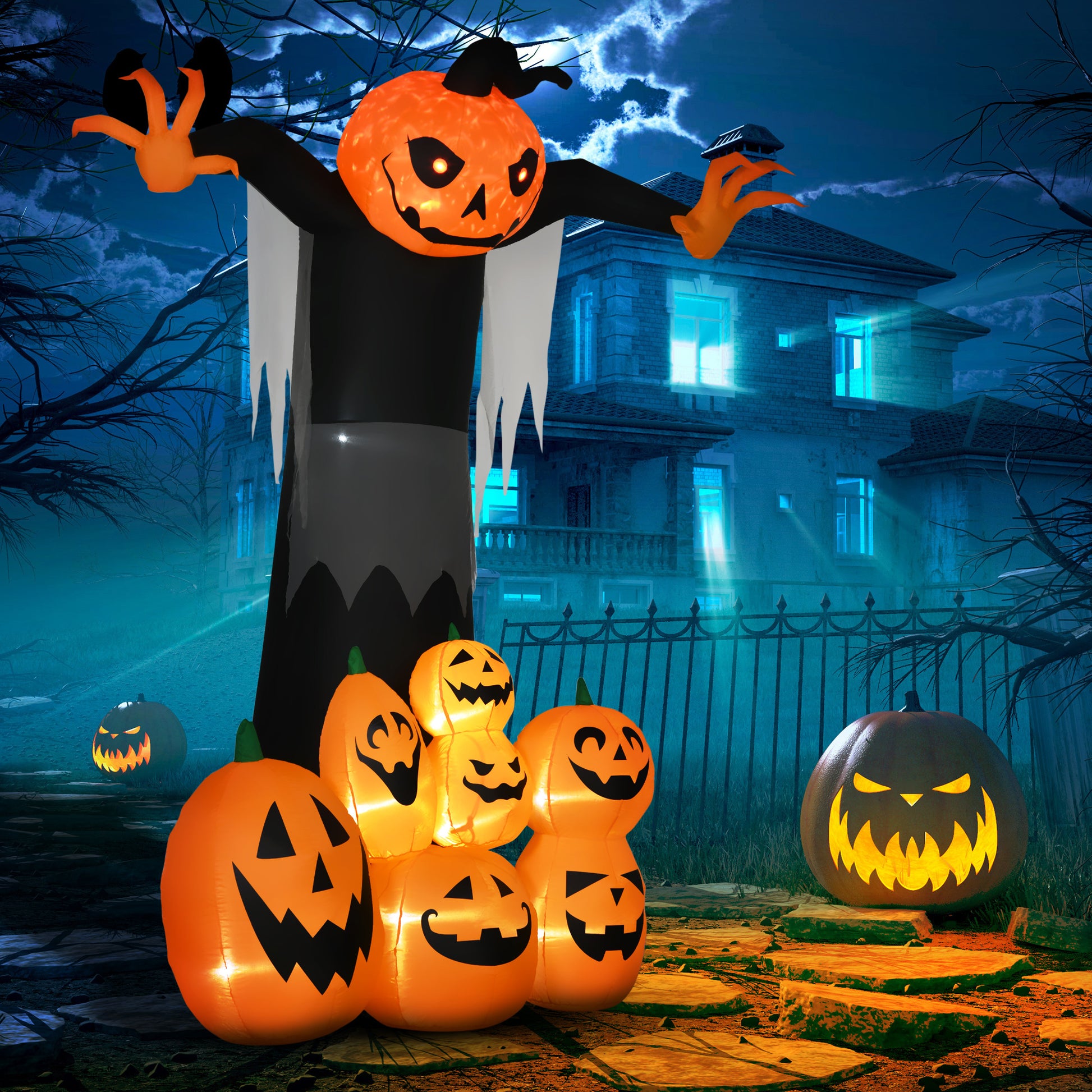 9ft Inflatable Halloween Decoration Pumpkin Ghost with Pumpkins, Blow-Up Outdoor LED Display for Lawn, Garden, Party-Home Furnishings > Holiday & Seasonal > Halloween Decorations-DECOROLALA