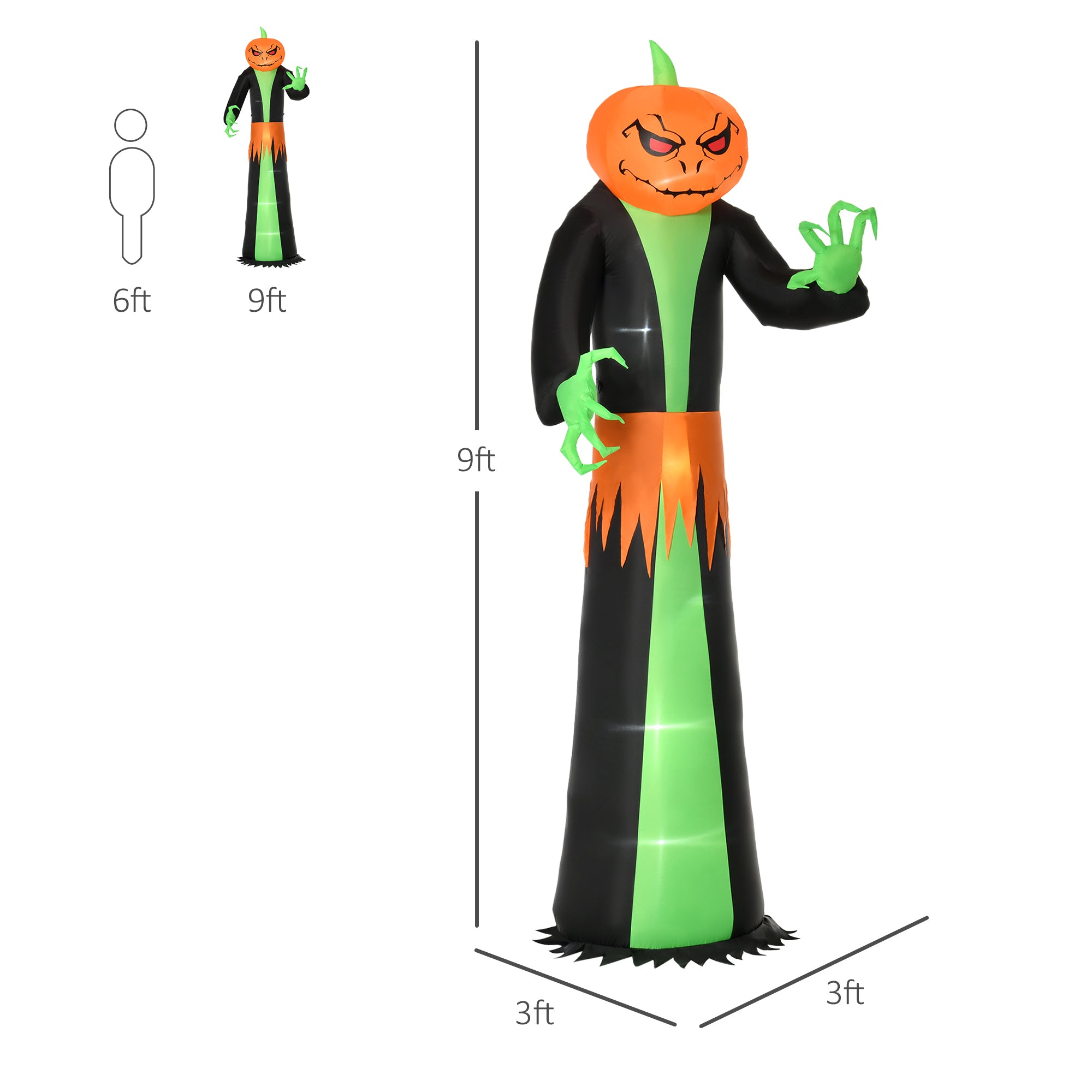 9ft Inflatable Halloween Decoration Pumpkin Head Ghost, Blow-Up Outdoor LED Display for Lawn, Garden, Party-Home Furnishings > Holiday & Seasonal > Halloween Decorations-DECOROLALA