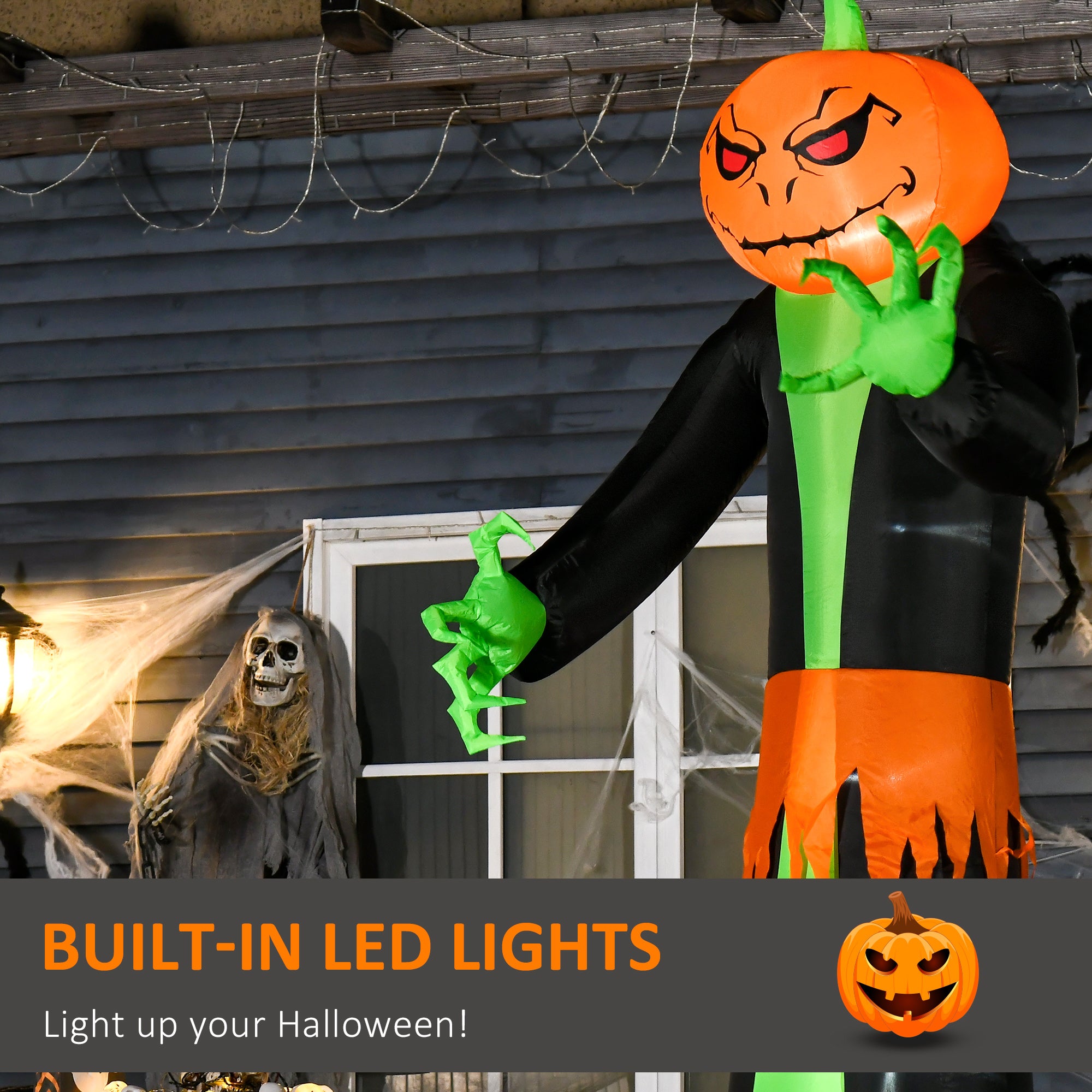9ft Inflatable Halloween Decoration Pumpkin Head Ghost, Blow-Up Outdoor LED Display for Lawn, Garden, Party-Home Furnishings > Holiday & Seasonal > Halloween Decorations-DECOROLALA