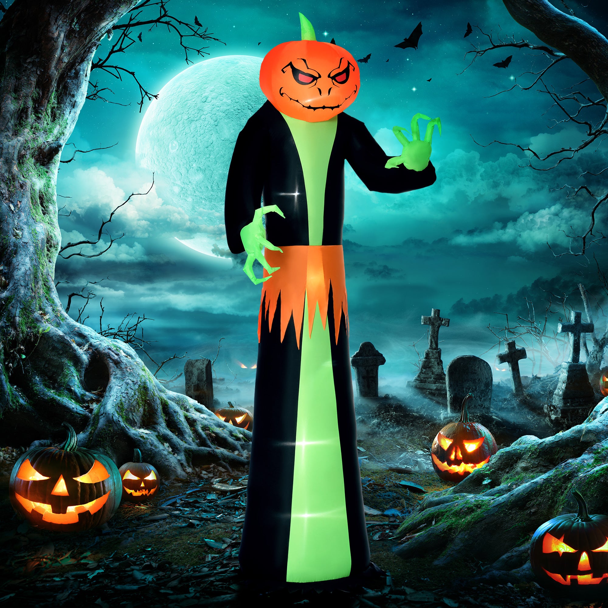 9ft Inflatable Halloween Decoration Pumpkin Head Ghost, Blow-Up Outdoor LED Display for Lawn, Garden, Party-Home Furnishings > Holiday & Seasonal > Halloween Decorations-DECOROLALA