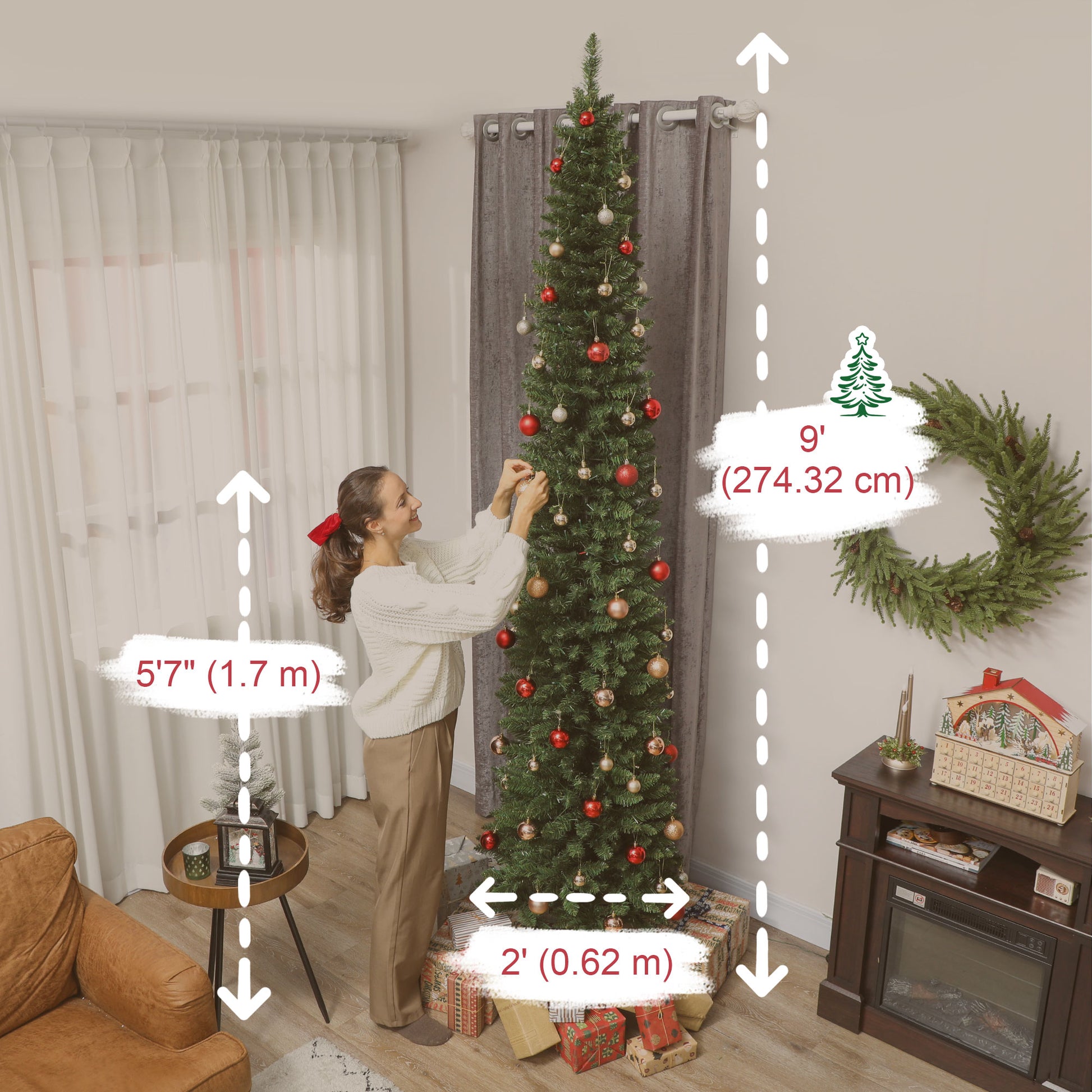 9ft Pencil Christmas Tree with Synchronized LEDs - Green-Home Furnishings > Holiday & Seasonal > Christmas Trees > Pencil Christmas Trees-DECOROLALA