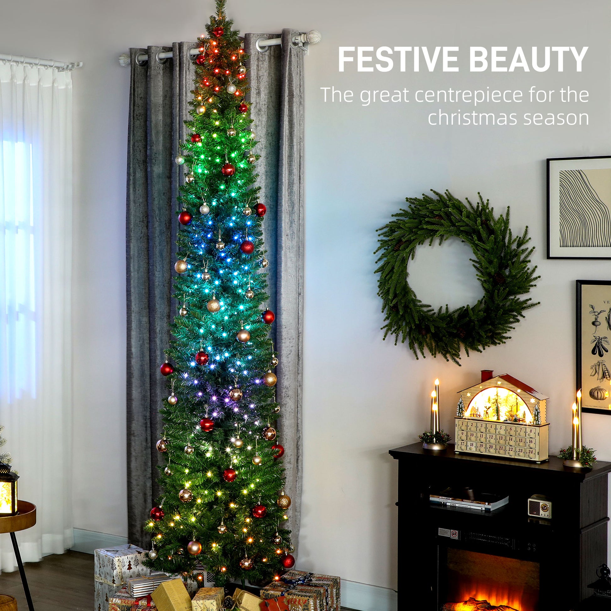 9ft Pencil Christmas Tree with Synchronized LEDs - Green-Home Furnishings > Holiday & Seasonal > Christmas Trees > Pencil Christmas Trees-DECOROLALA