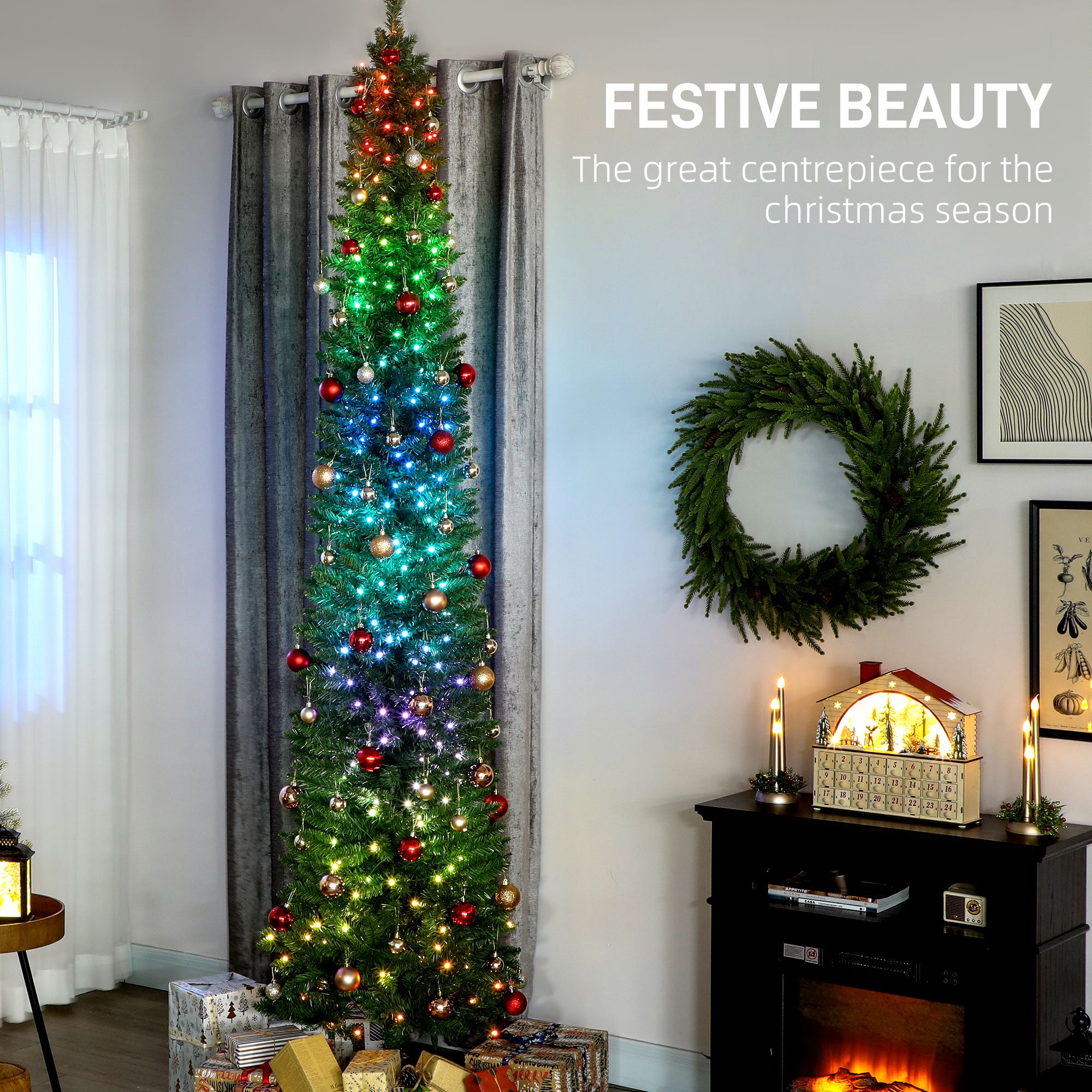 9ft Pencil Christmas Tree with Synchronized LEDs - Green-Home Furnishings > Holiday & Seasonal > Christmas Trees > Pencil Christmas Trees-DECOROLALA