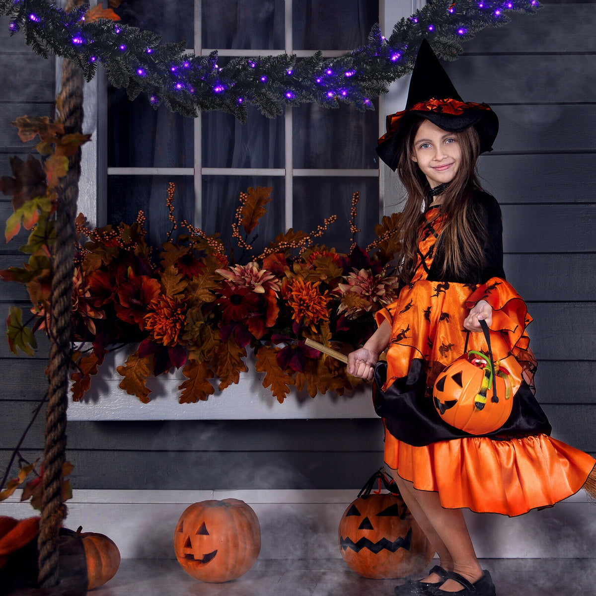 9ft Pre-Lit Halloween Garland, Black with 50 Purple LED Lights-Halloween-DECOROLALA