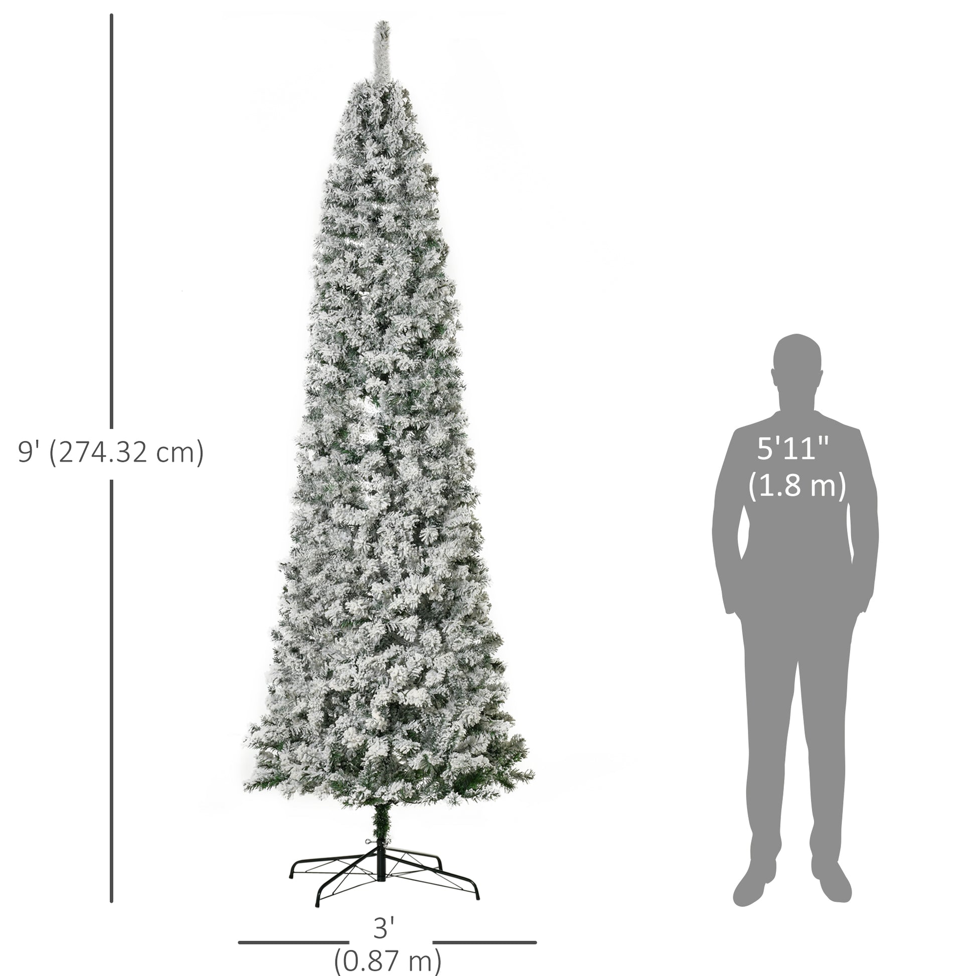 9ft Prelit Snow Flocked Pencil Christmas Tree - 550 LED Lights-DECOROLALA