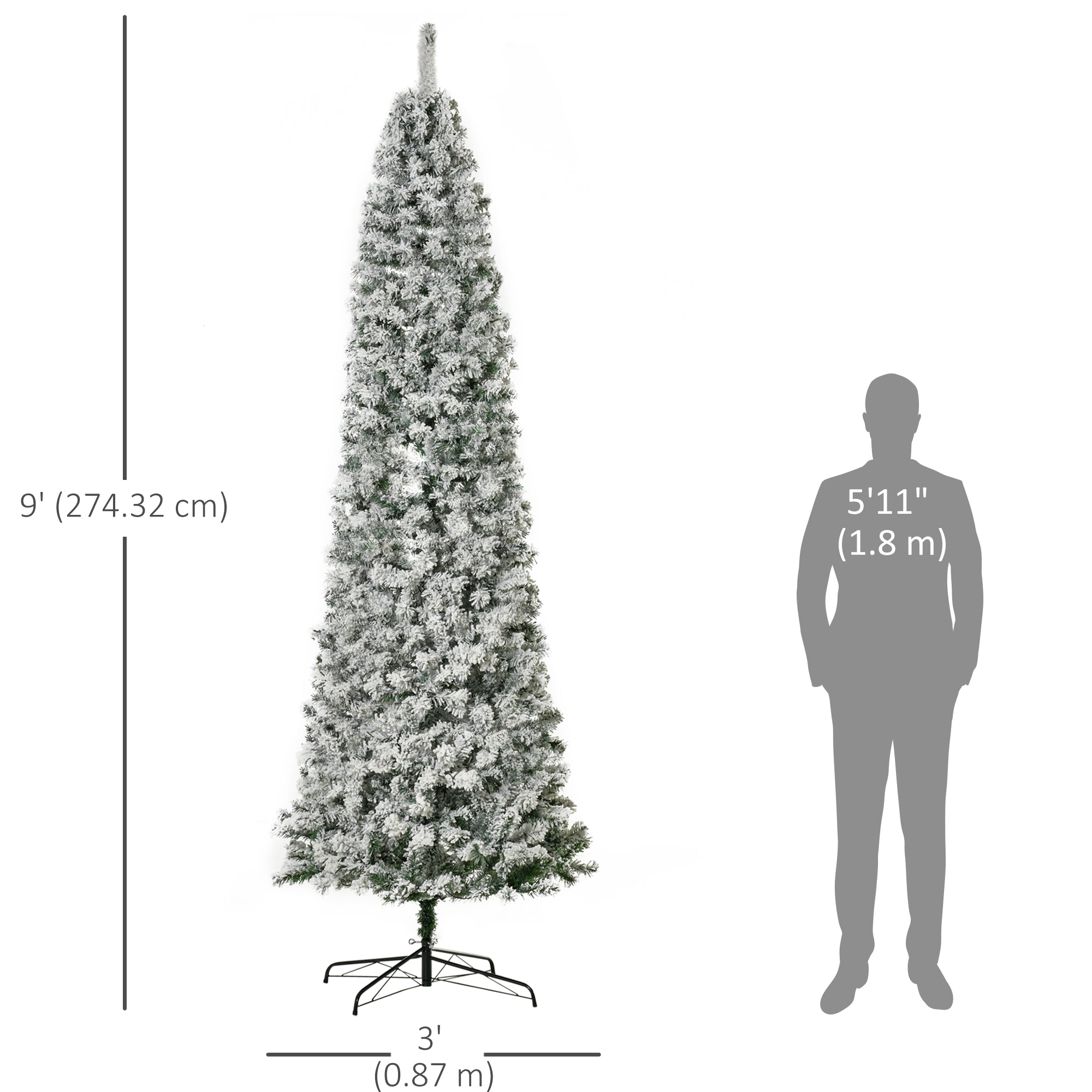 9ft Prelit Snow Flocked Pencil Christmas Tree - 550 LED Lights-DECOROLALA