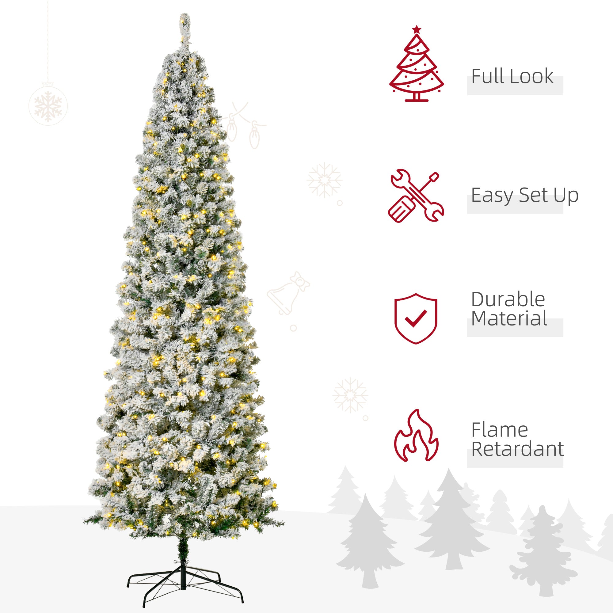 9ft Prelit Snow Flocked Pencil Christmas Tree - 550 LED Lights-DECOROLALA