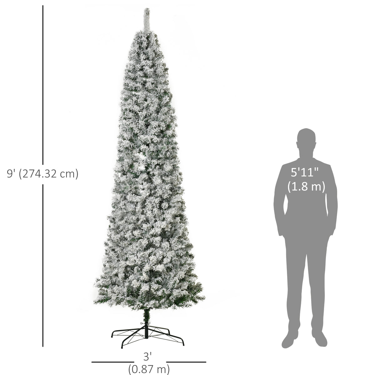 9ft Prelit Snow Flocked Pencil Christmas Tree - 550 LED Lights-DECOROLALA