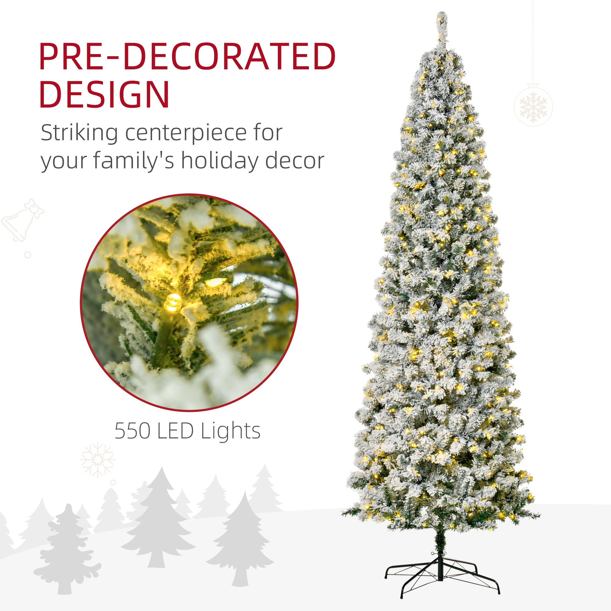 9ft Prelit Snow Flocked Pencil Christmas Tree - 550 LED Lights-DECOROLALA