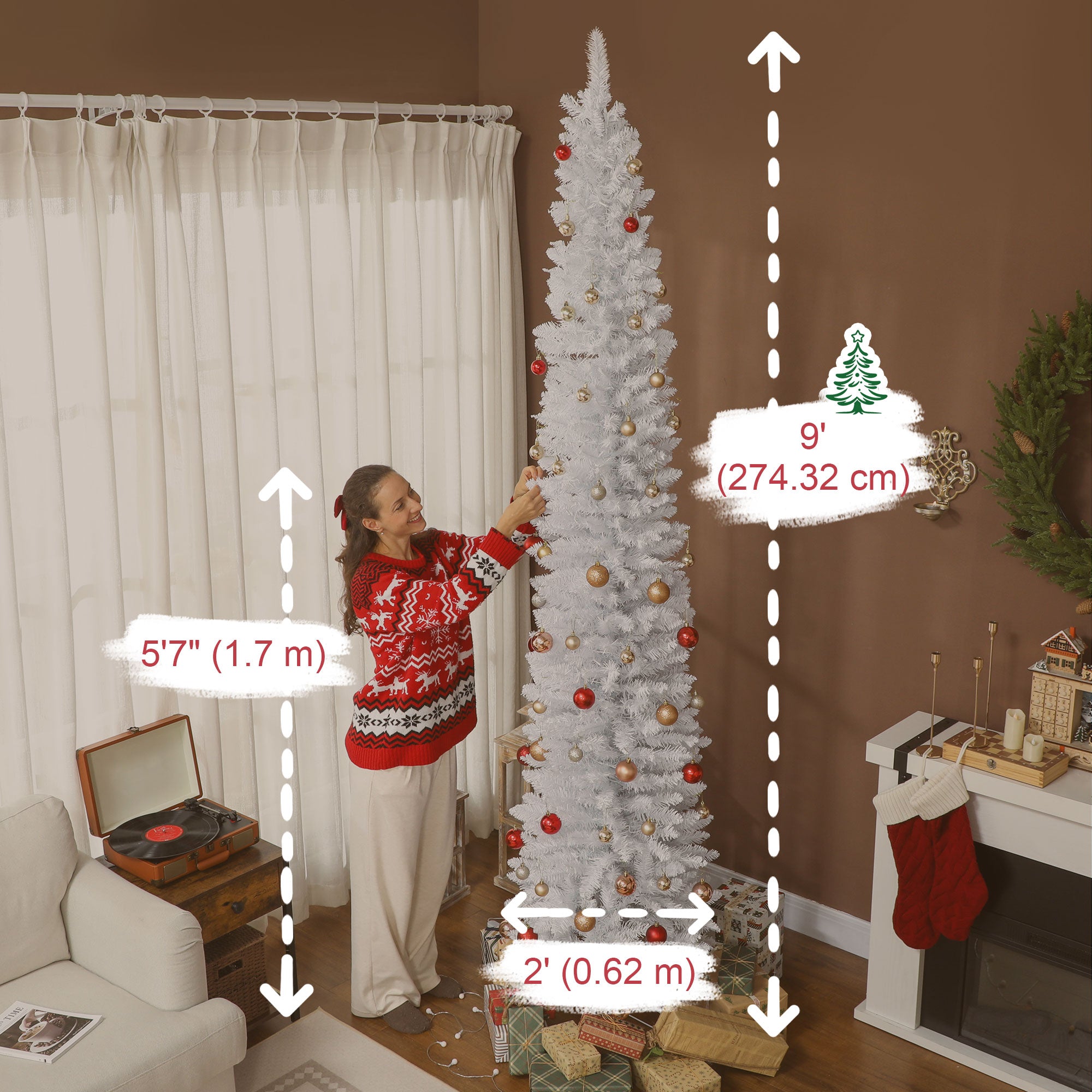 9ft White Pencil Christmas Tree with Synchronized LEDs-Home Furnishings > Holiday & Seasonal > Christmas Trees > Pencil Christmas Trees-DECOROLALA